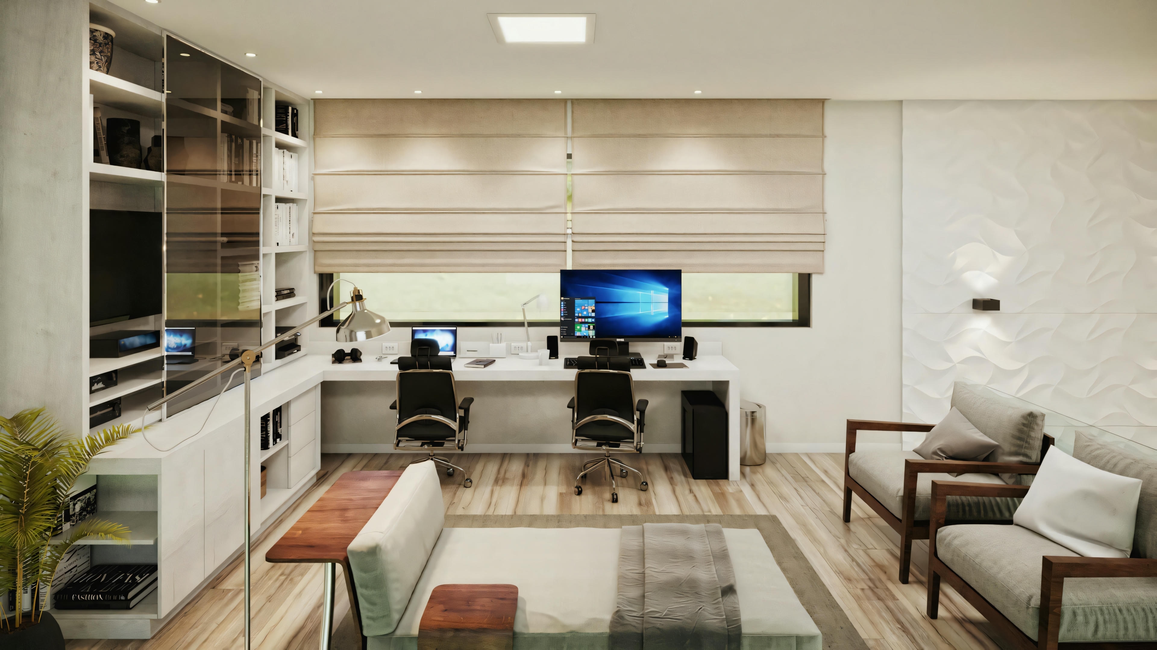 A modern office with a desk, computer monitors, and shelves with various items.
