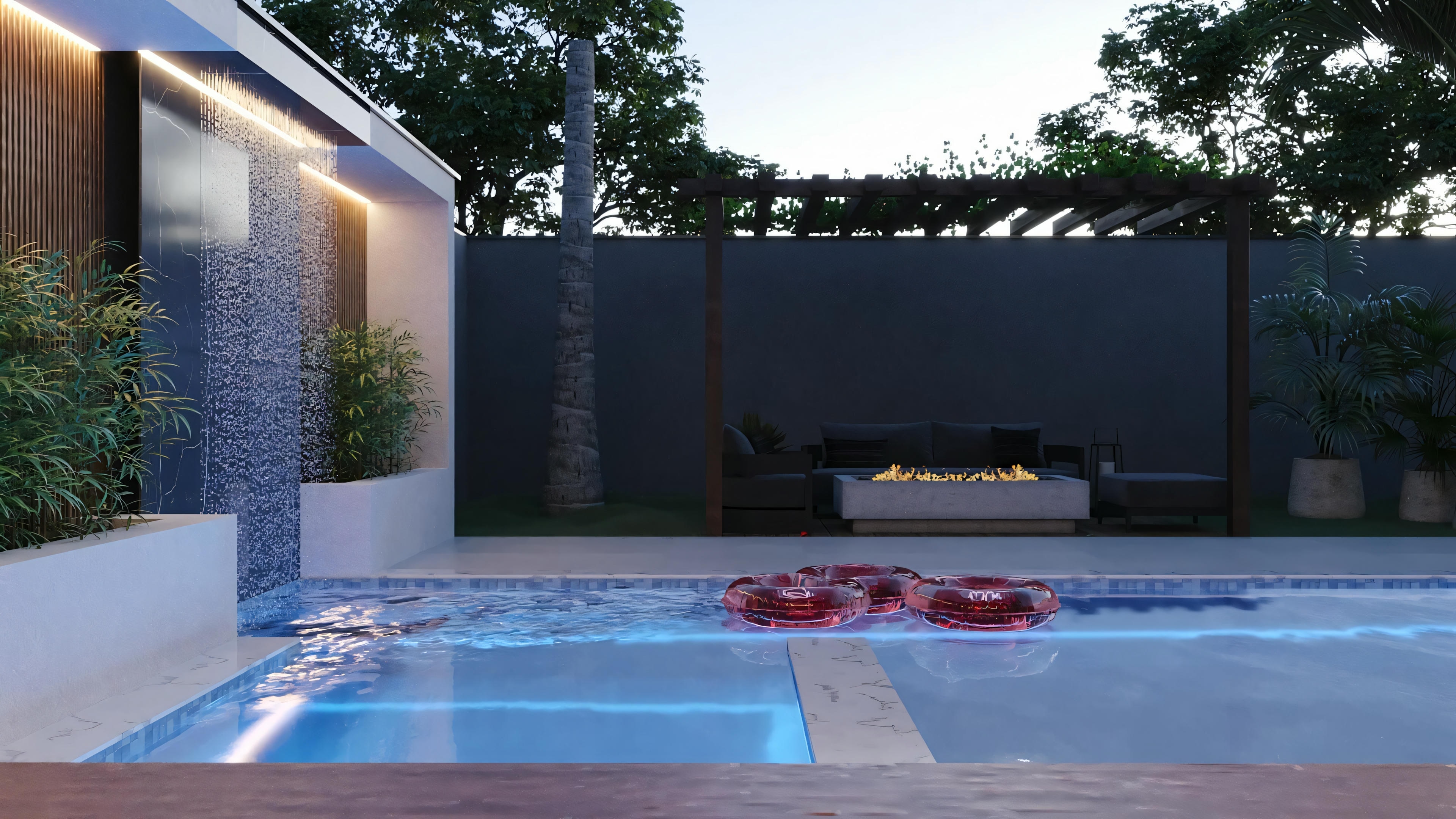 A modern residence with a pool, illuminated to highlight contemporary design.