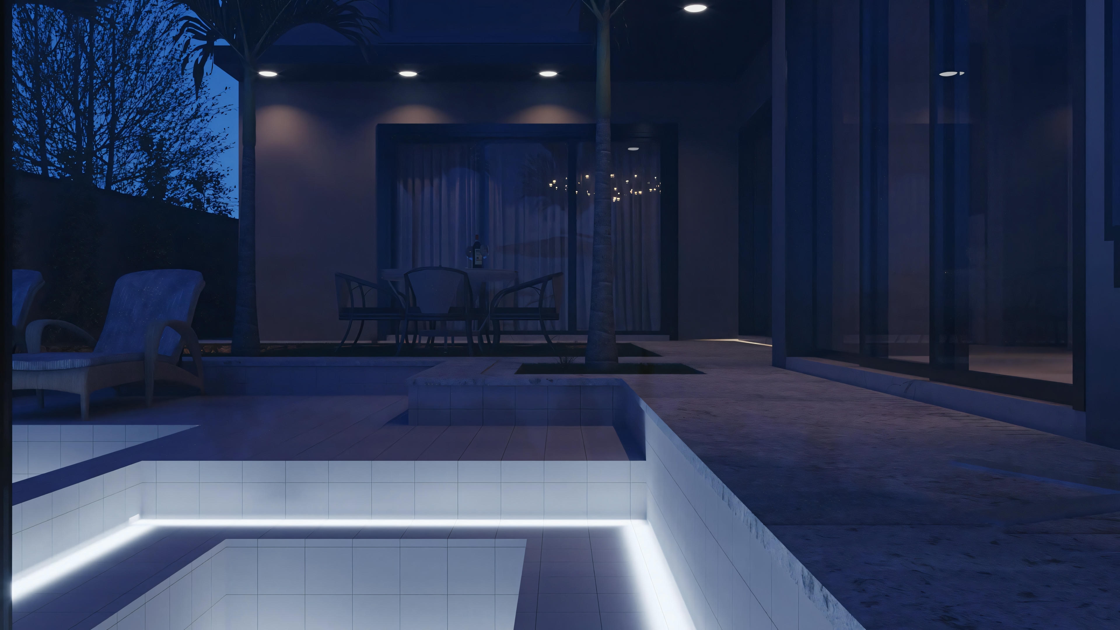 An outdoor swimming pool at dusk, with surrounding lights and a building in the background, creating a serene and luxurious atmosphere.