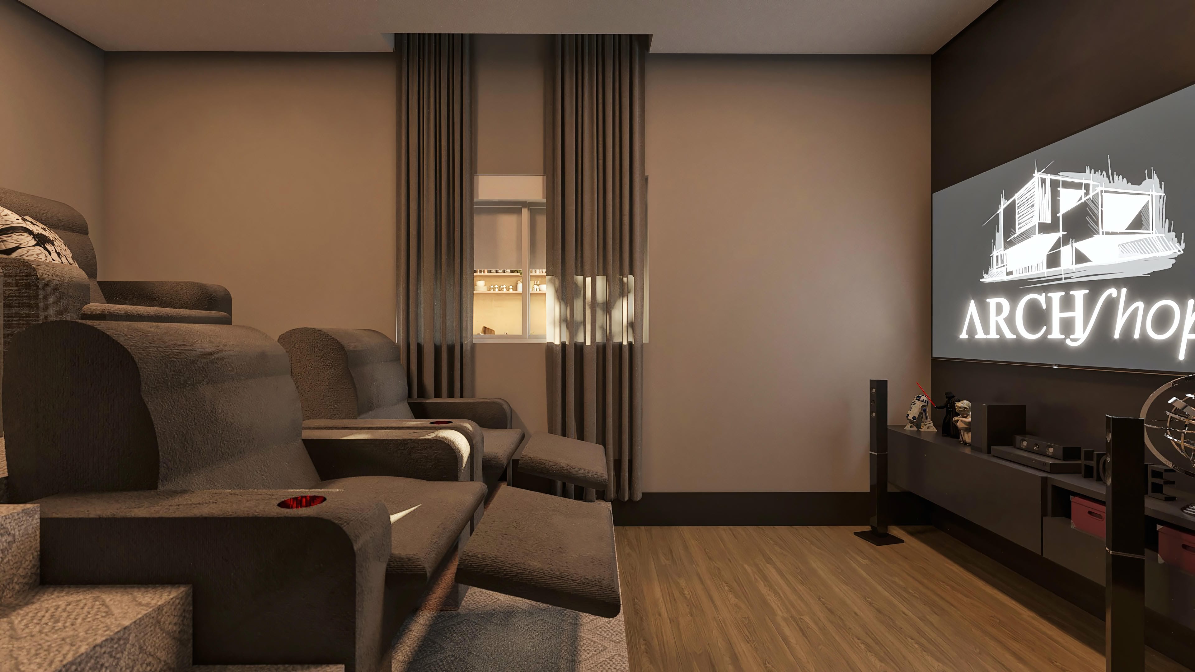 Ambiente interno con butacas reclinables y pantalla de cine, ideal para una casa de una planta moderna con 2 dormitorios y área gourmet.