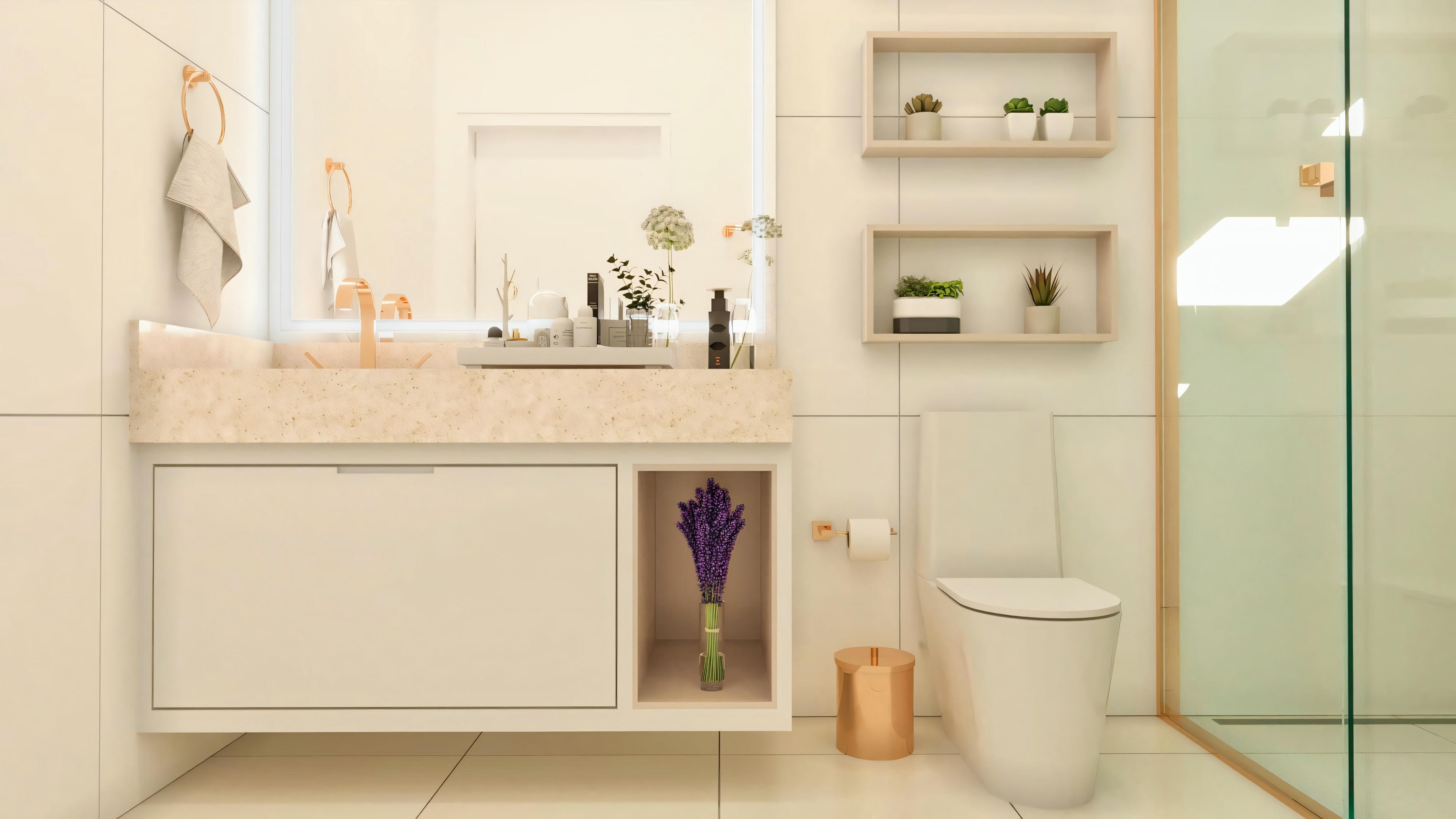 Primer plano de la ducha en baño de suite de proyecto de casa moderna, destacando el nicho empotrado, el revestimiento de porcelanato marmolado, la ducha tipo 'lluvia' y la iluminación en el cielorraso. Casa posee 4 suites, 7 baños, oficina, área gourmet y piscina en terreno 20x35.