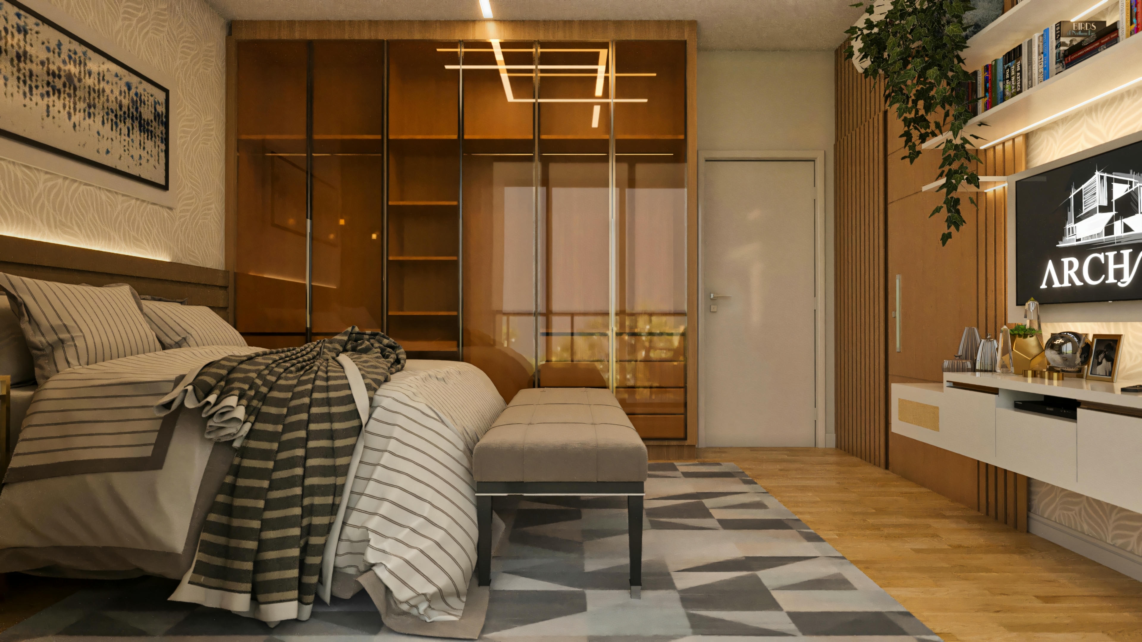 Vista ampla do quarto suíte com cama de casal, banco, tapete geométrico, closet espaçoso com portas de vidro e iluminação interna, e painel de TV com prateleiras e vegetação, em projeto de casa com 4 suítes.