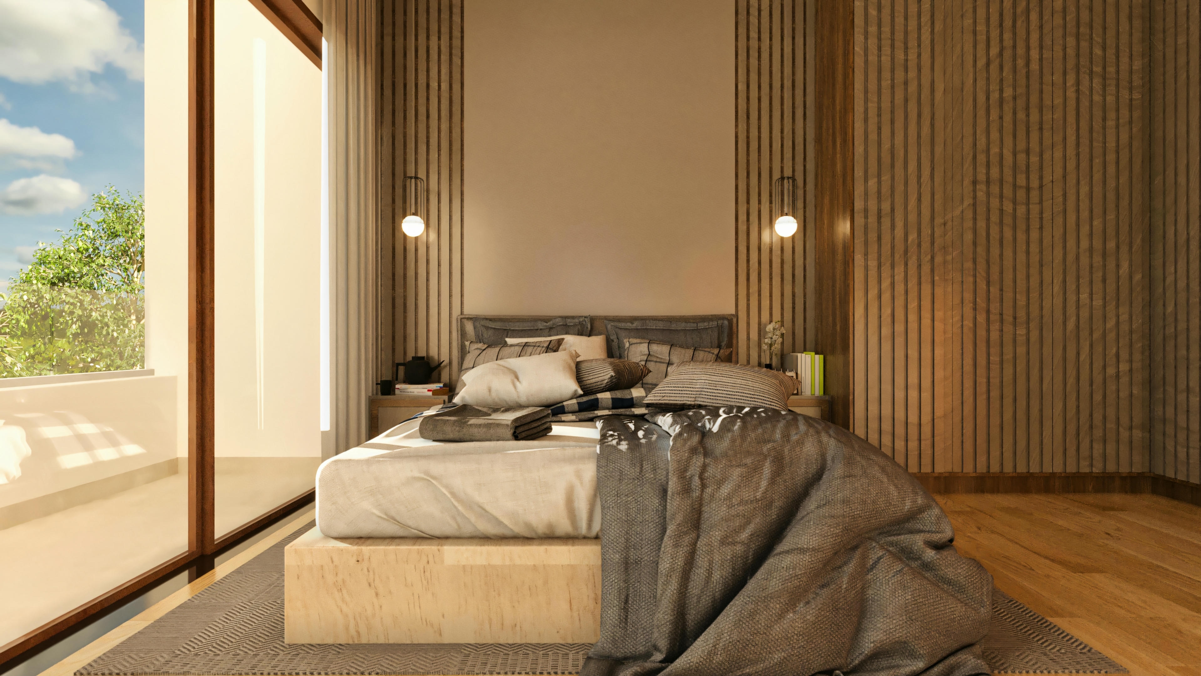 Quarto de suíte de uma casa de luxo com paredes em painel de madeira ripada, cama de casal com base clara e cabeceira escura, luminárias pendentes em ambos os lados, piso de madeira com tapete texturizado, e uma grande janela de vidro do chão ao teto com vista para o céu e árvores.