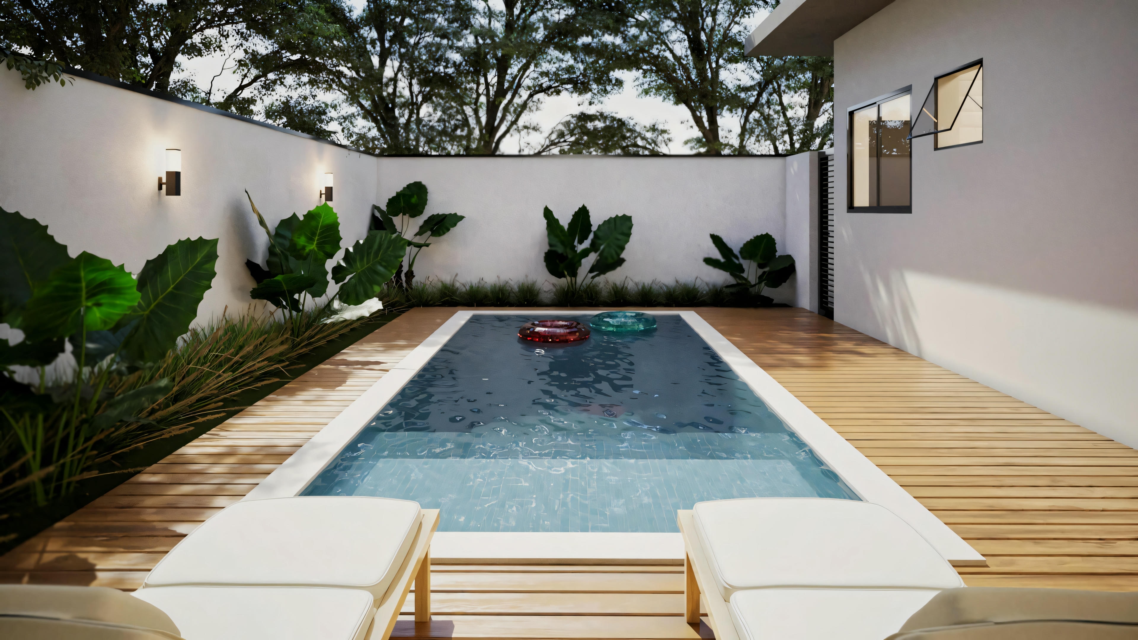 Outdoor residential area with a pool surrounded by a wooden deck and potted plants.