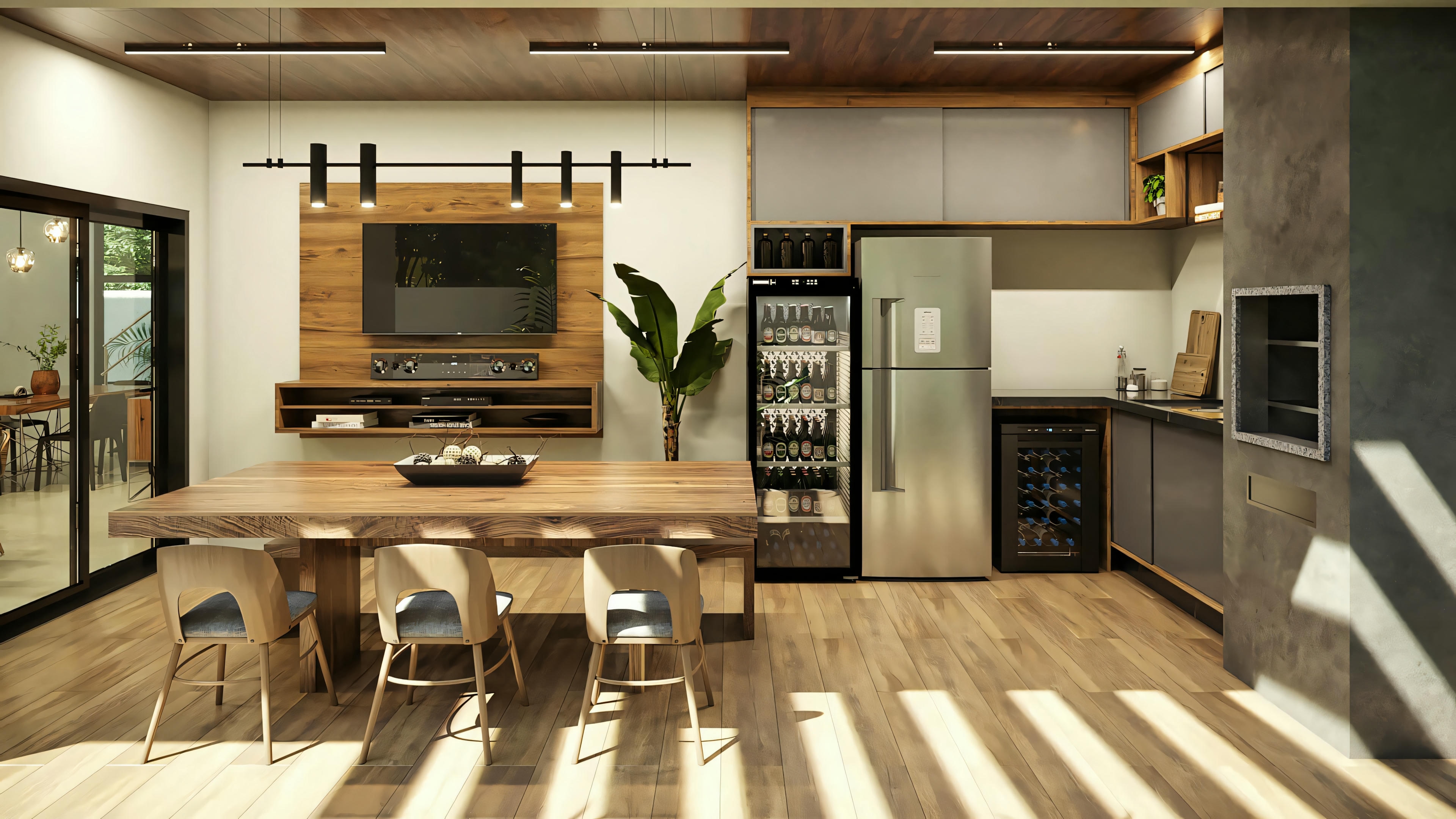 Sala de estar compacta com sofá, televisão e estante, decorada com elementos modernos.