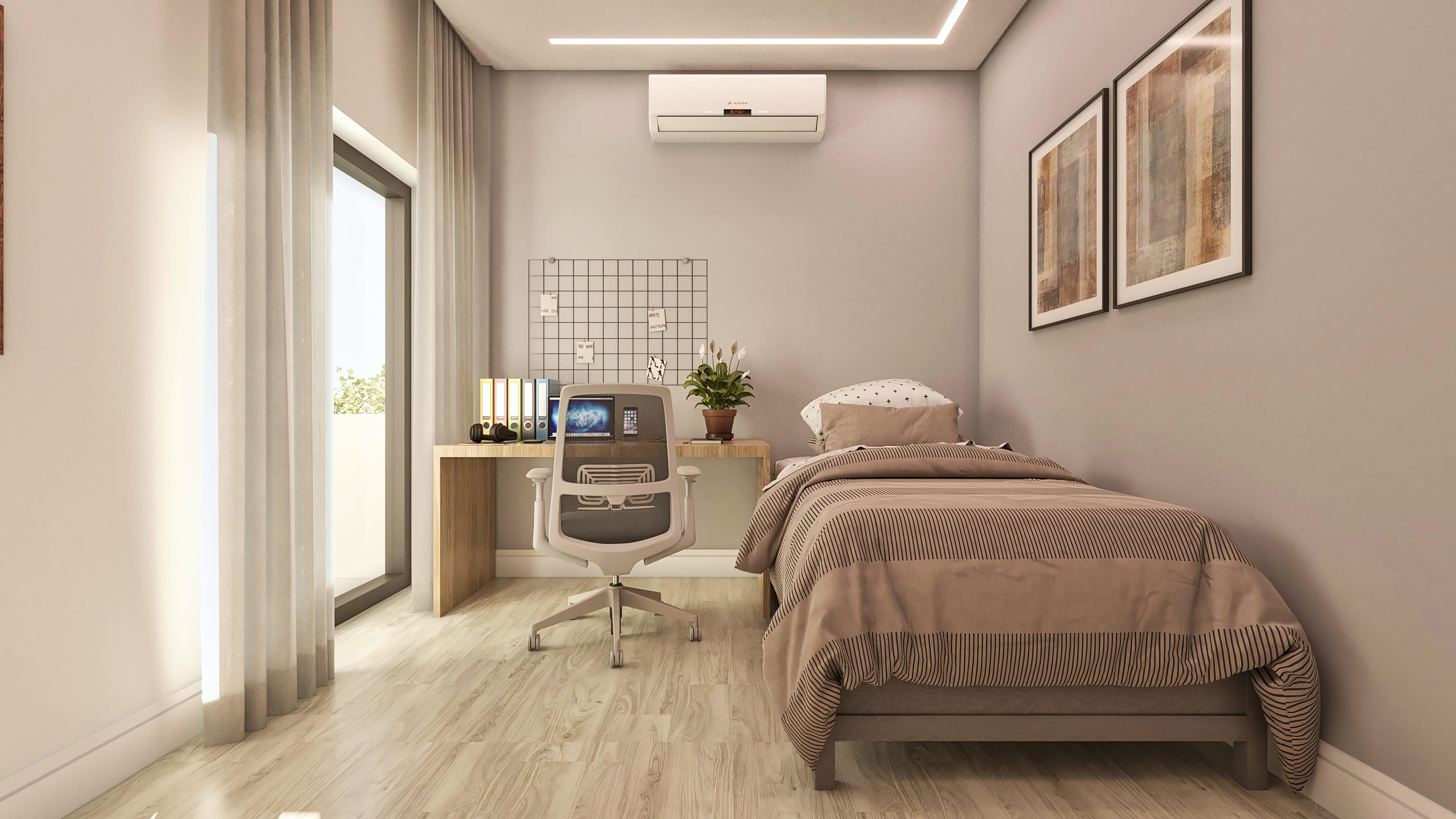 Bedroom interior with bed, office, and large window. Neutral-toned walls, light wood flooring, and LED lighting.