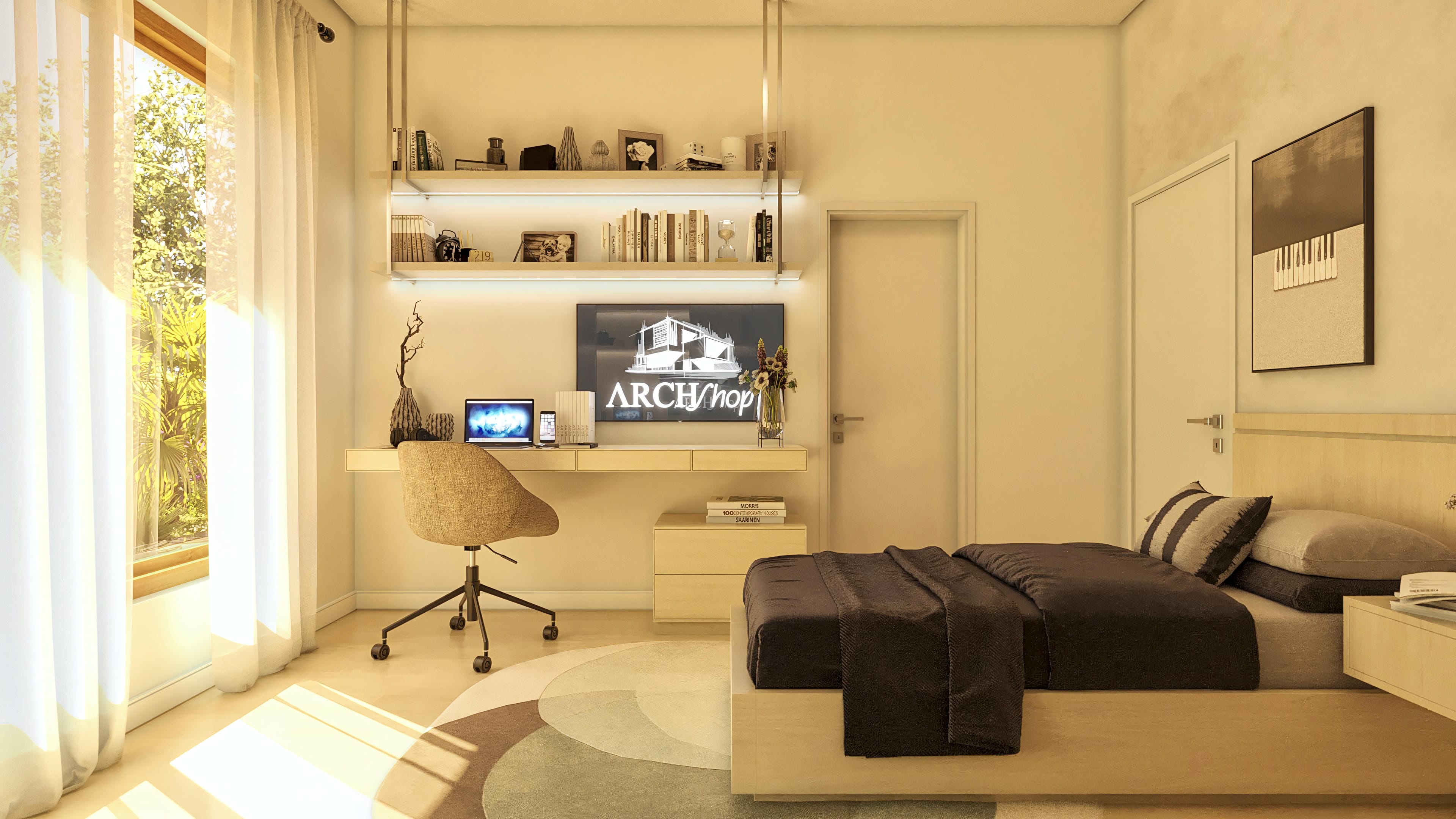 Interior de suite moderna con cama king size, área de oficina integral con mesa y nichos, amplia ventana con cortinas y obra de arte abstracta.