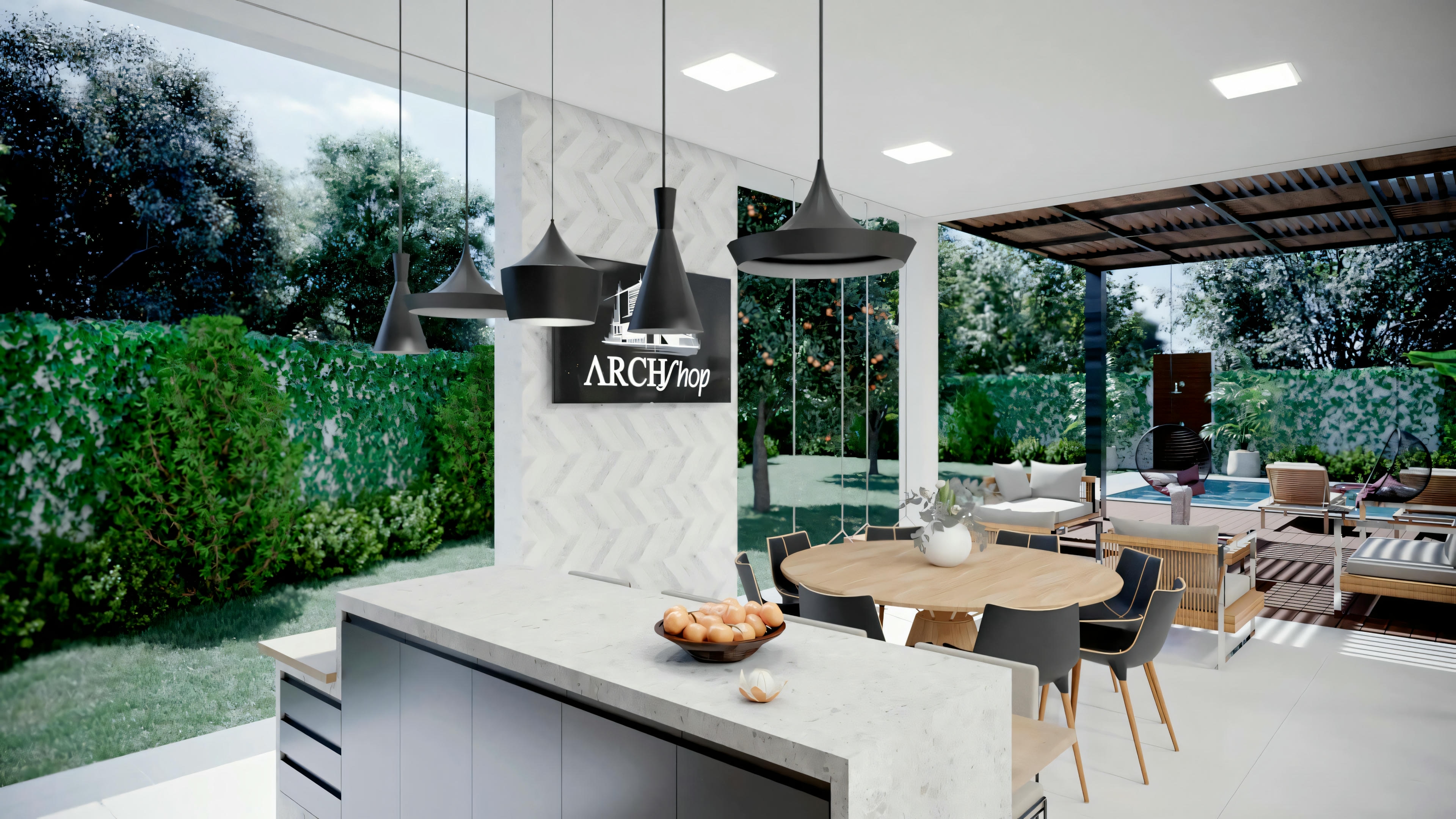 Ambiente interior con muebles contemporáneos, grandes ventanas que permiten mucha luz natural y paredes verdes que traen la naturaleza al interior.