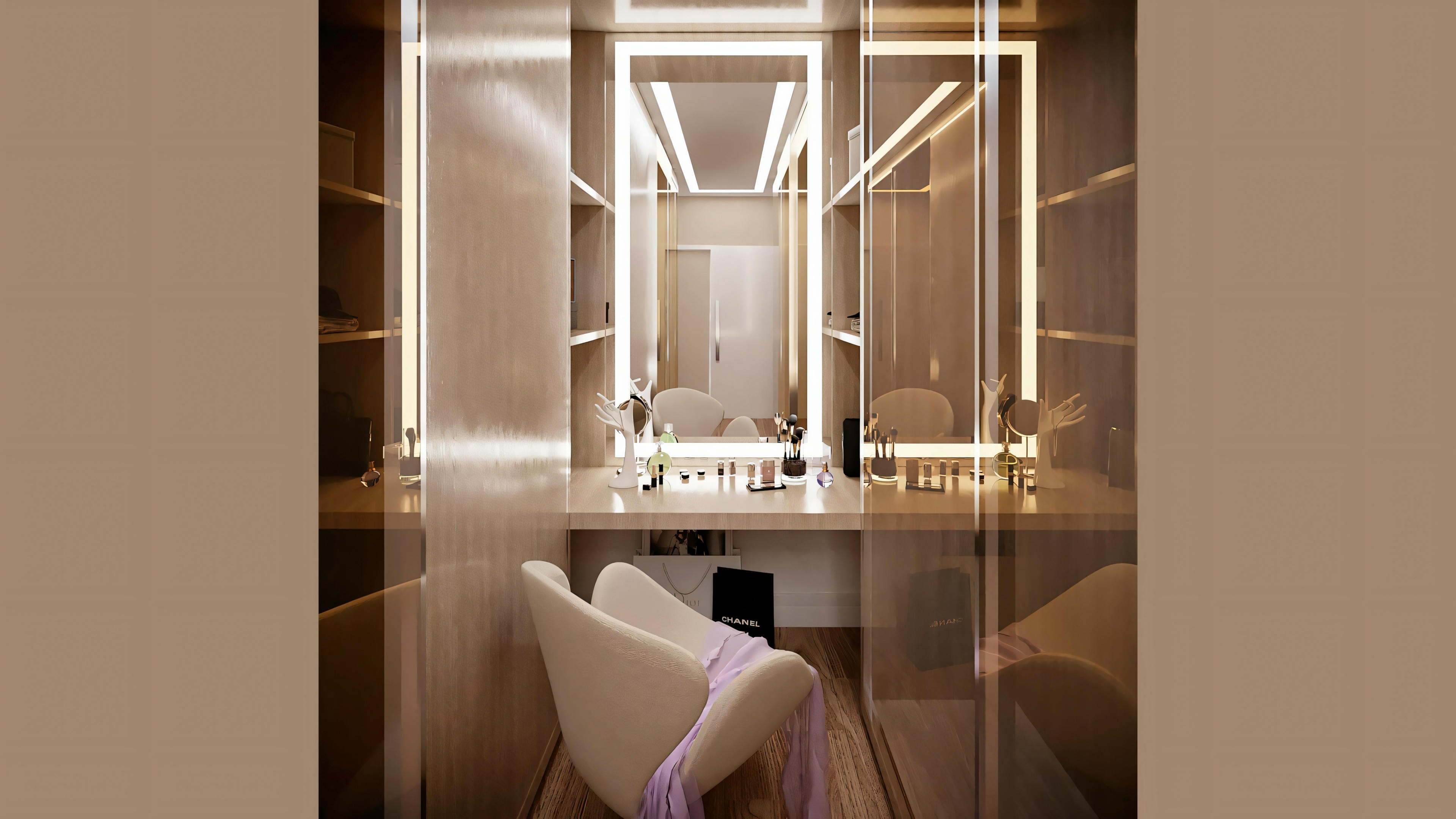 Um espaço interior com uma superfície reflexiva à direita, possivelmente um espelho refletindo o fundo com acessórios modernos e iluminação.