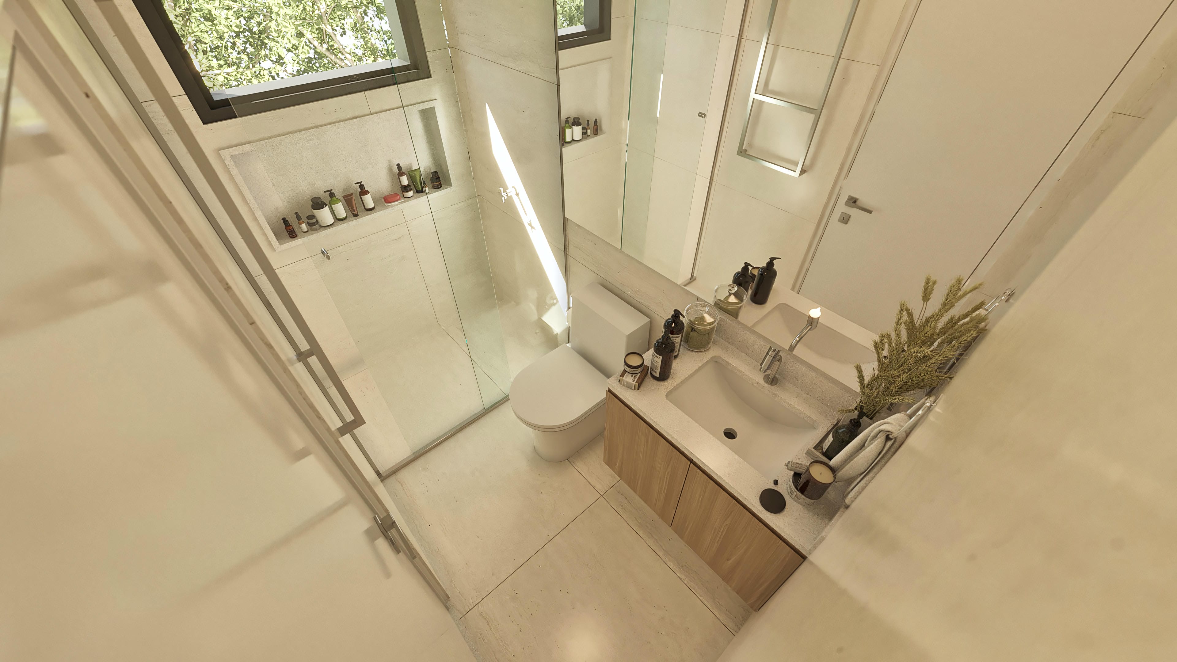 Baño con nicho iluminado en la pared, mueble de madera clara con lavabo esculpido y espejo amplio. Revestimientos en tonos de beige y blanco aportan ligereza al ambiente.