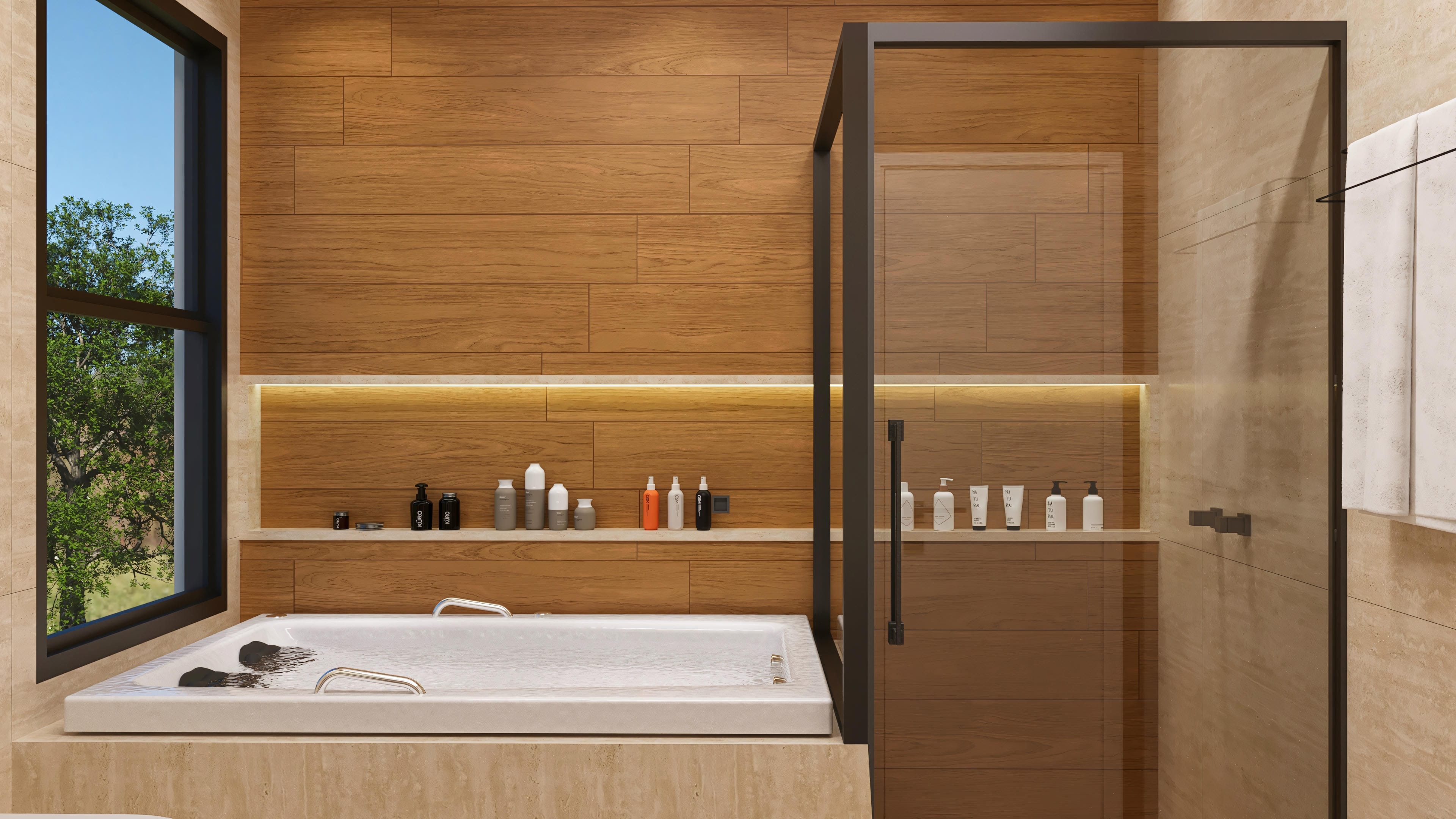 Interiores de un baño moderno con bañera espaciosa, revestimiento en madera y mampara de vidrio oscuro. Una ventana amplia revela paisaje verde.
