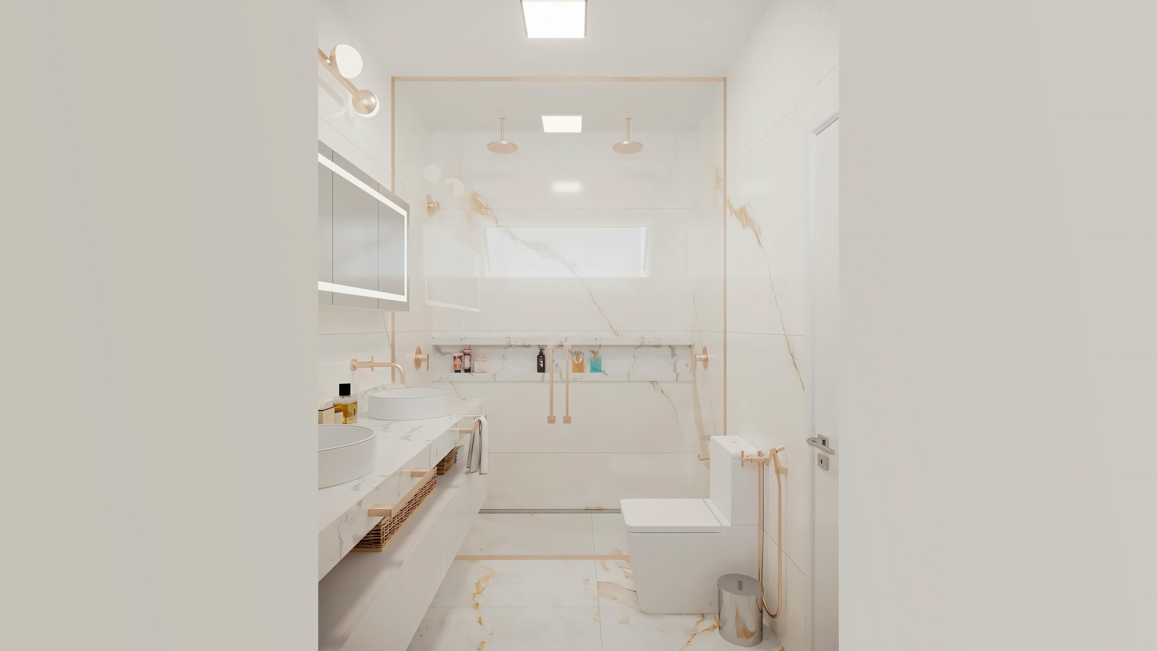 Baño de suite en proyecto de casa de lujo, exhibiendo amplia encimera con lavabo sobrepuesto, armarios planeados en laca clara, espejo con marco y grifería en metal cobreado/rosado. Proyecto luminotécnico con LED empotrado en el techo. Uno de los 7 baños de la casa de 4 suites y 555.9m².