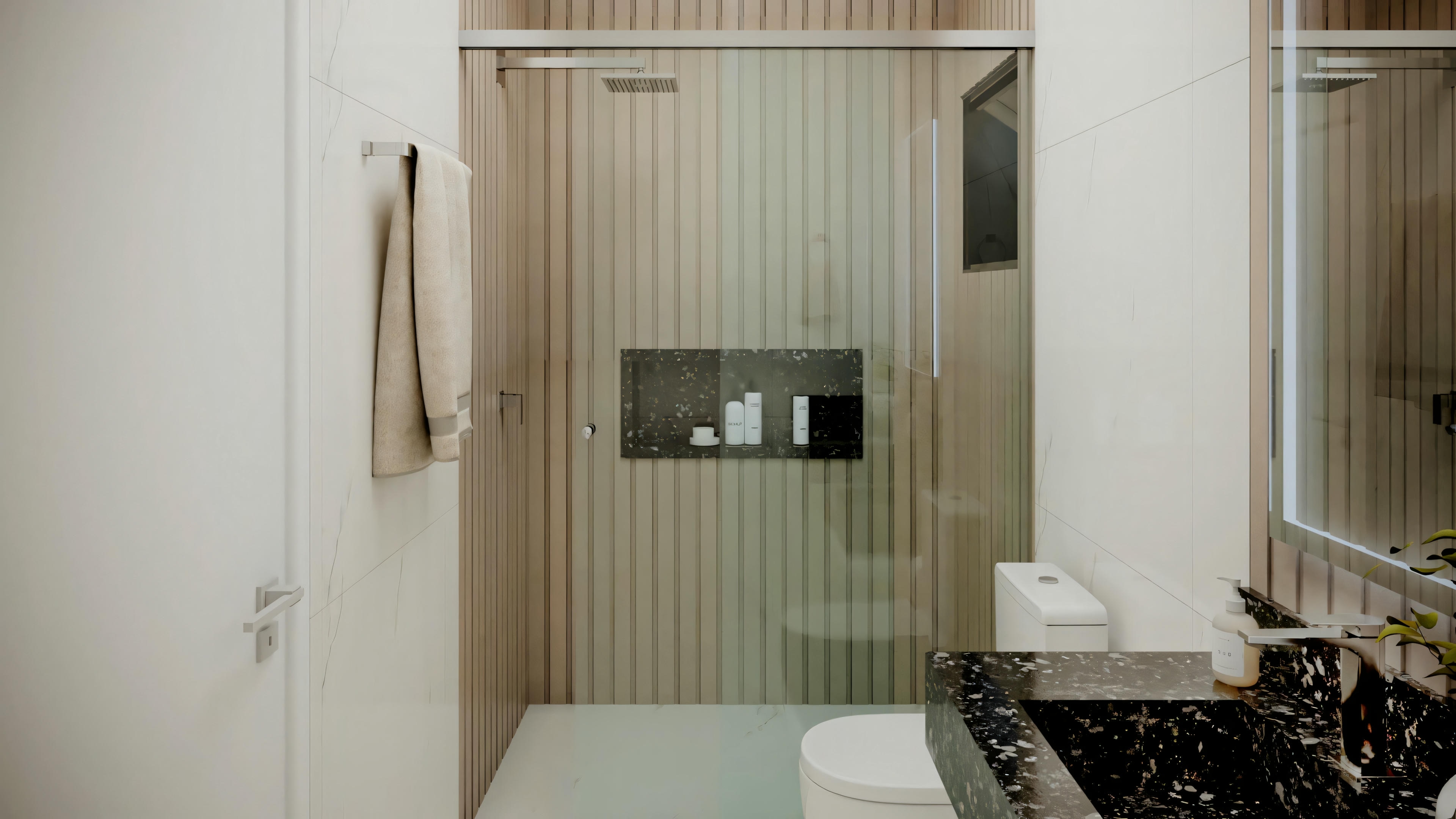 A bathroom with light walls, a white sink with a black countertop, a large mirror, and a shower area with glass doors.