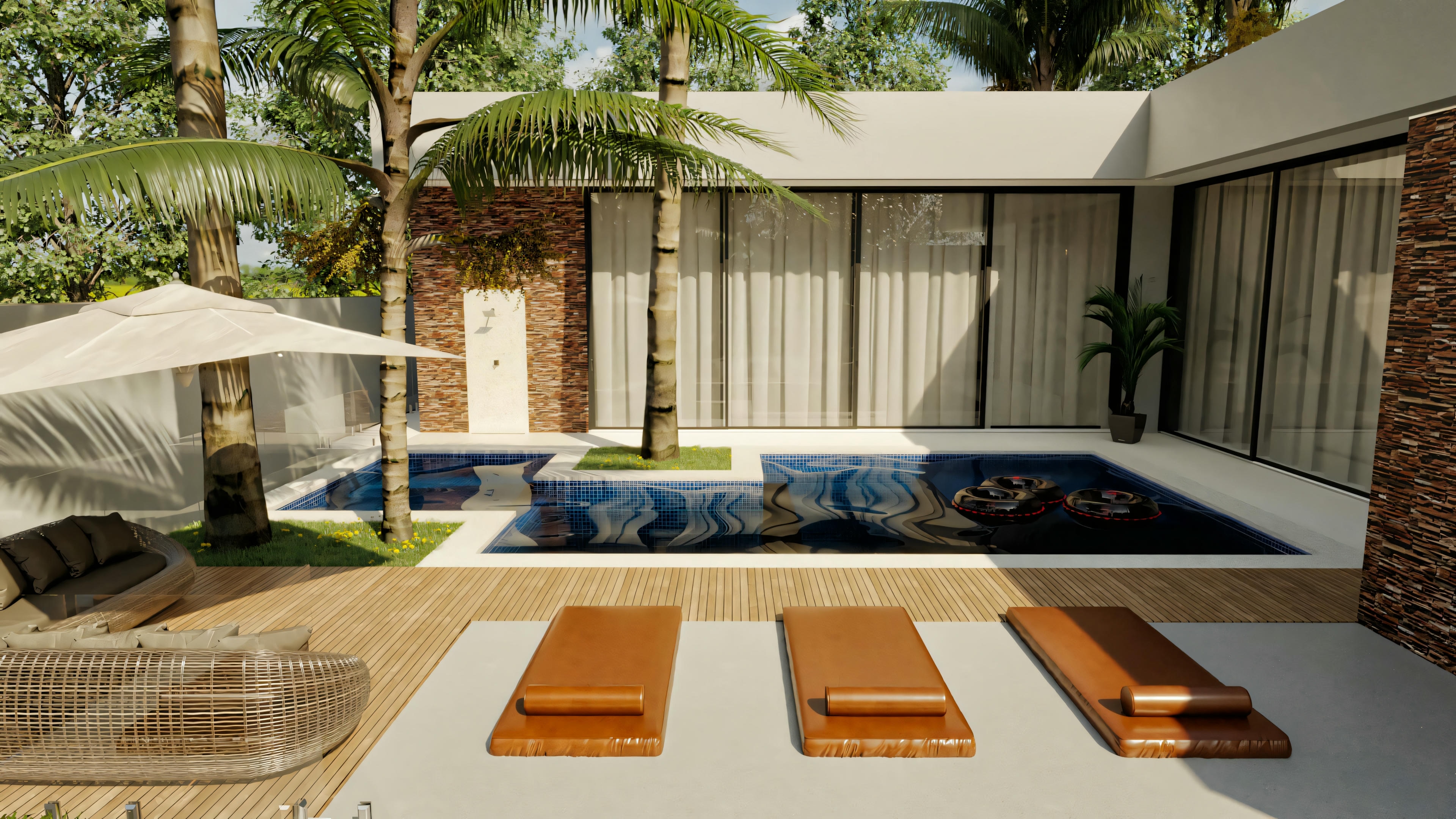Casa moderna com piscina em primeiro plano e grandes portas deslizantes.