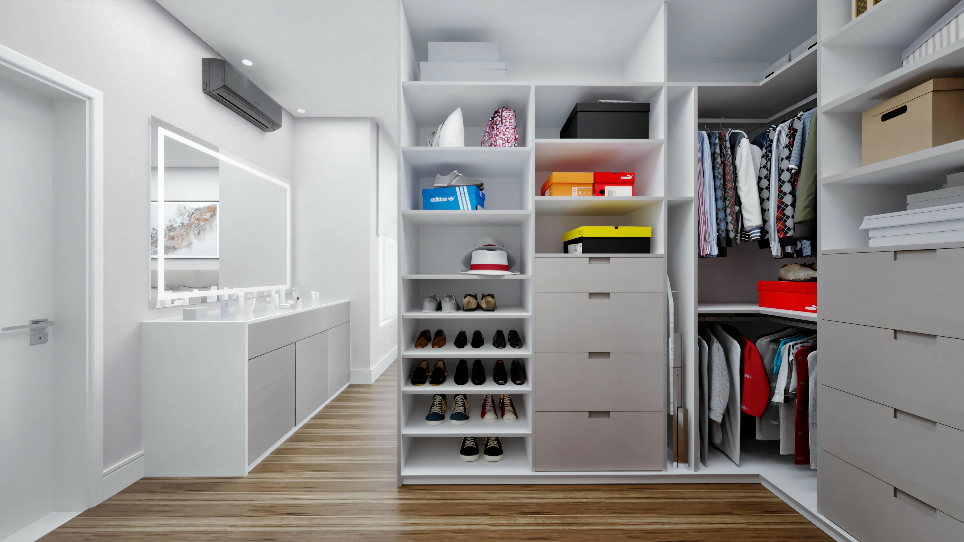 Um closet moderno e organizado com armários e prateleiras brancas, cheio de itens de vestuário e sapatos.