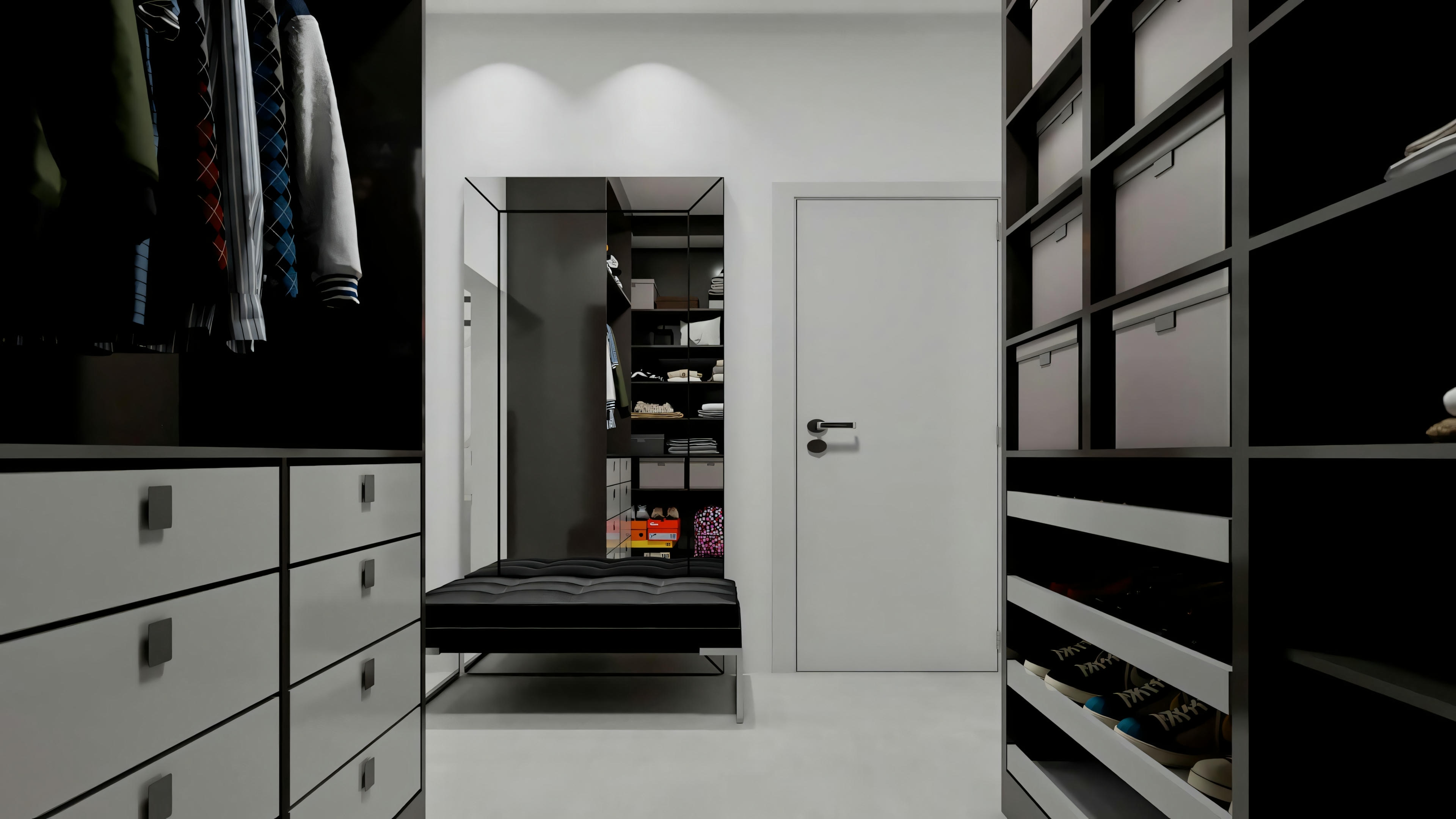 Vista interna do closet planejado em suíte do projeto residencial Archshop. Amplo espaço com gaveteiros, cabideiros, prateleiras, espelho e banco. Solução completa de marcenaria otimizando o design de interiores neste projeto de casa com 3 quartos (suítes).