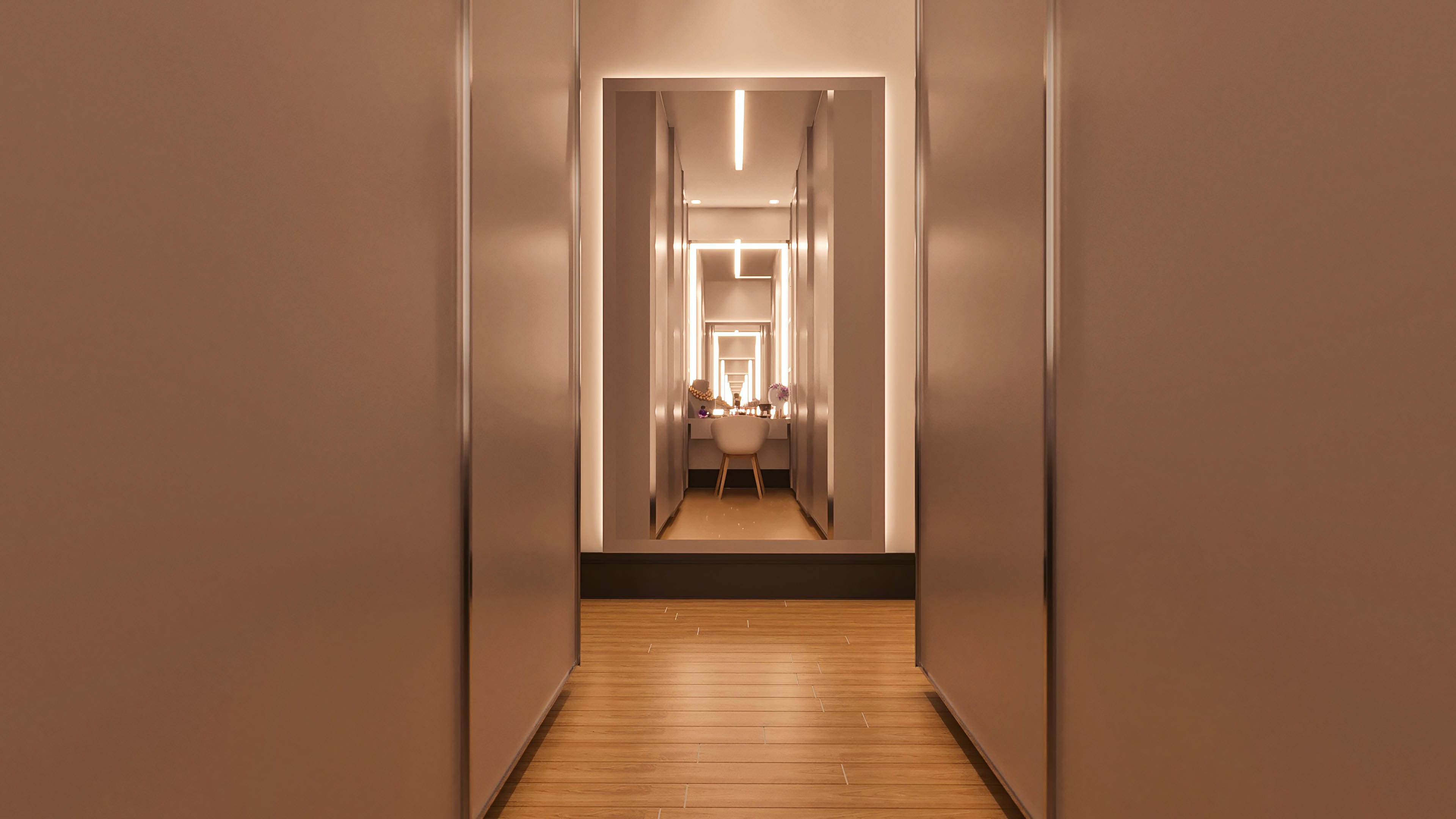 Visualização interna de um corredor moderno com paredes em tons neutros e iluminação em LED embutida. O piso em madeira clara confere aconchego a este projeto arquitetônico.