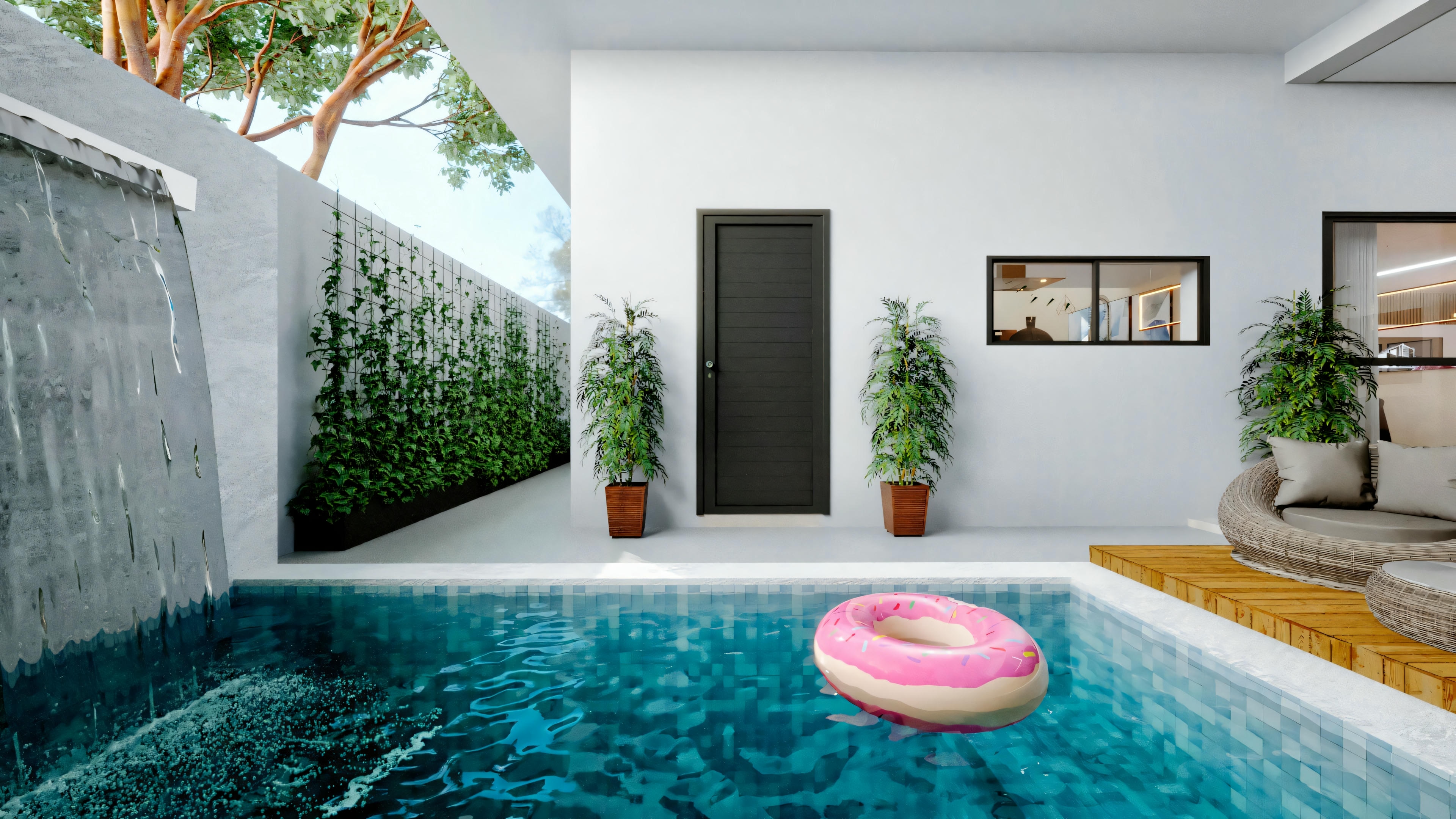 A covered pool area with walls and ceiling, a large window or glass door leading outside, and greenery along the opposite wall from the window. There is a pink inflatable ring floating in the center of the pool.