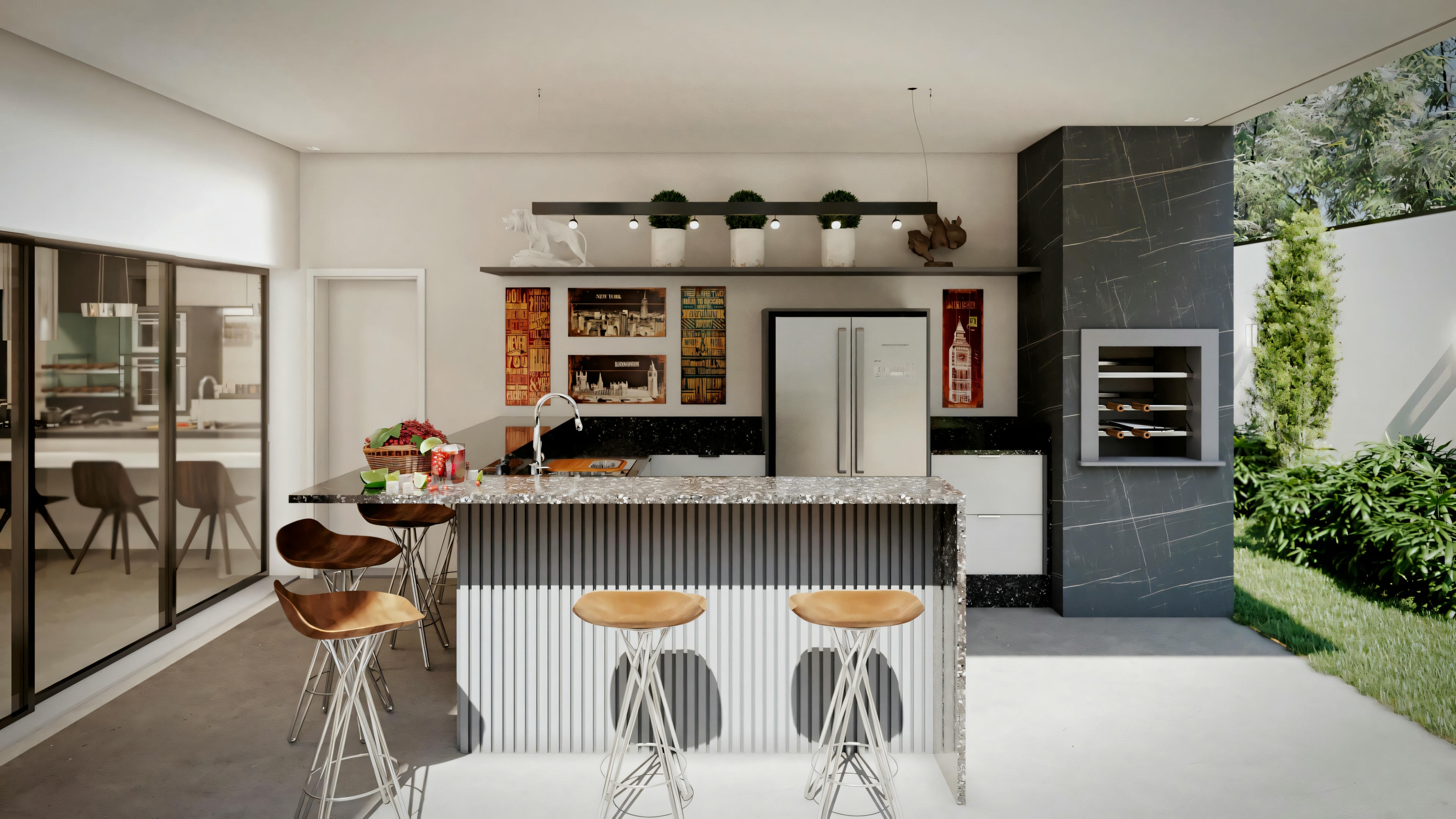 Uma cozinha moderna com ilha central e banquetas, apresentando elementos de design elegantes e grandes janelas que permitem a entrada de muita luz natural.