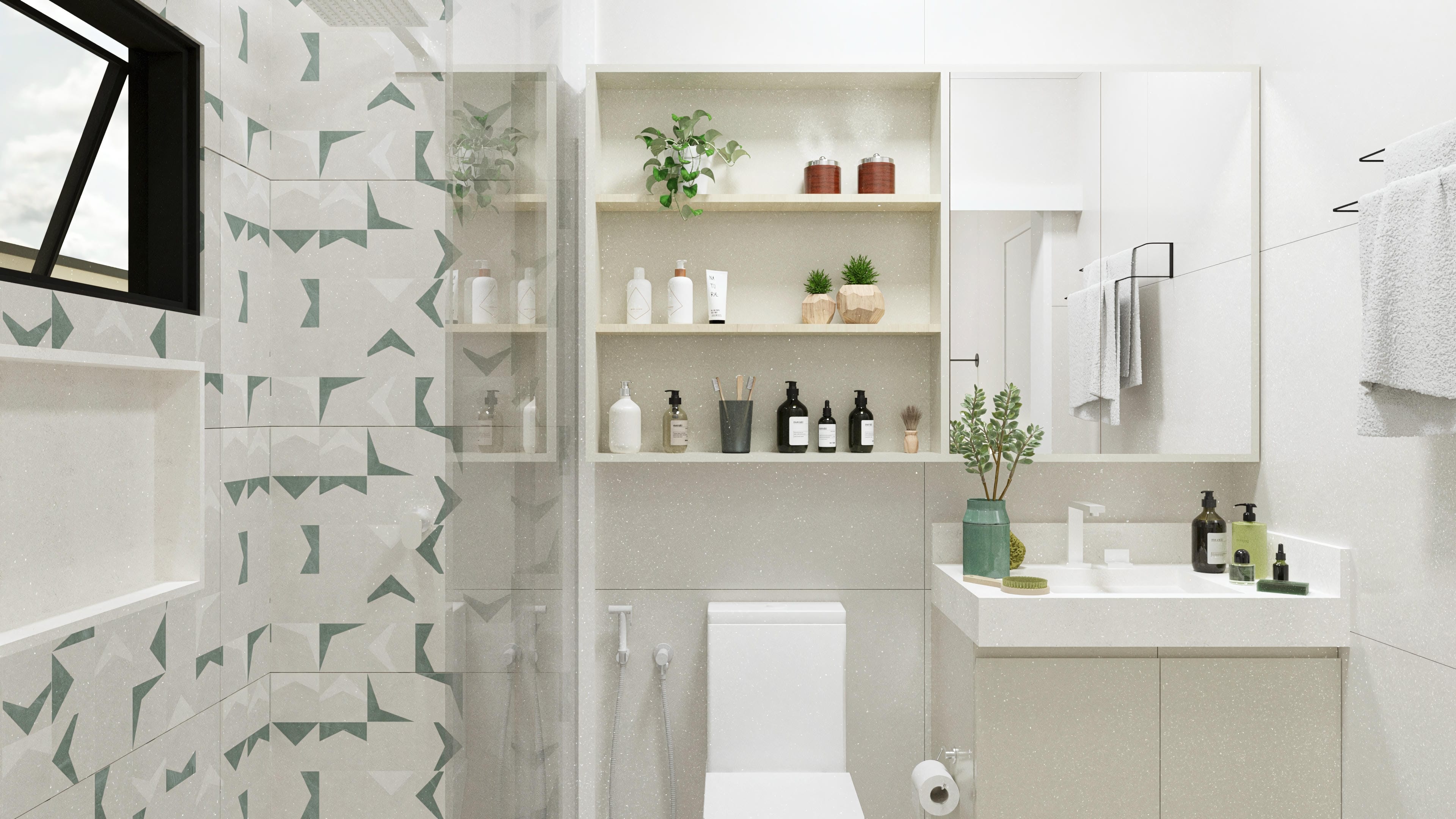 Detail of cladding with geometric graphics in shades of green and beige, in a modern bathroom with a countertop and shelves. Subtle architectural elements and quality finishes.