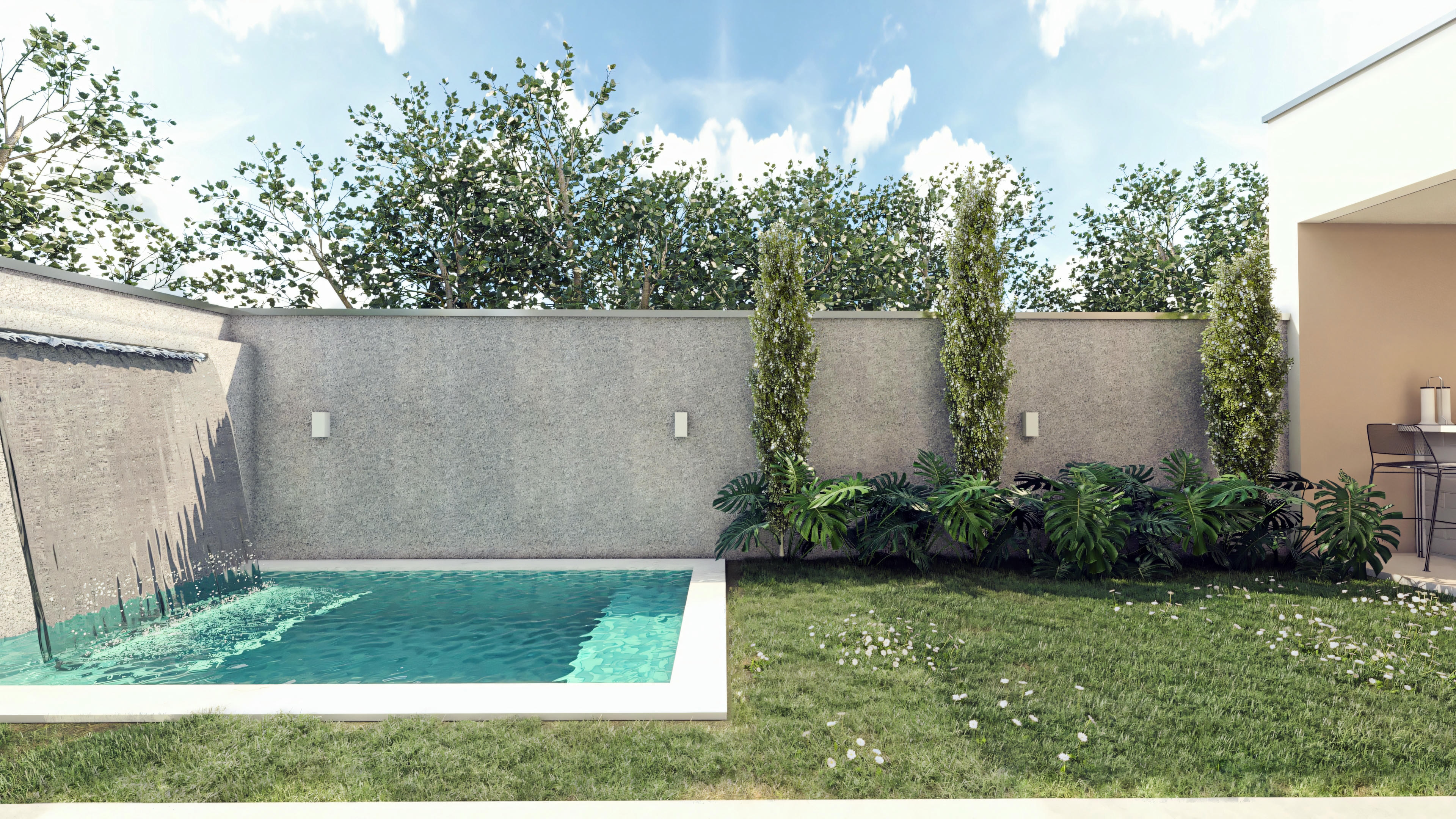 Detalhe da piscina com cascata e jardim com paisagismo no quintal de sobrado moderno com 4 quartos, mostrando muro lateral com iluminação.