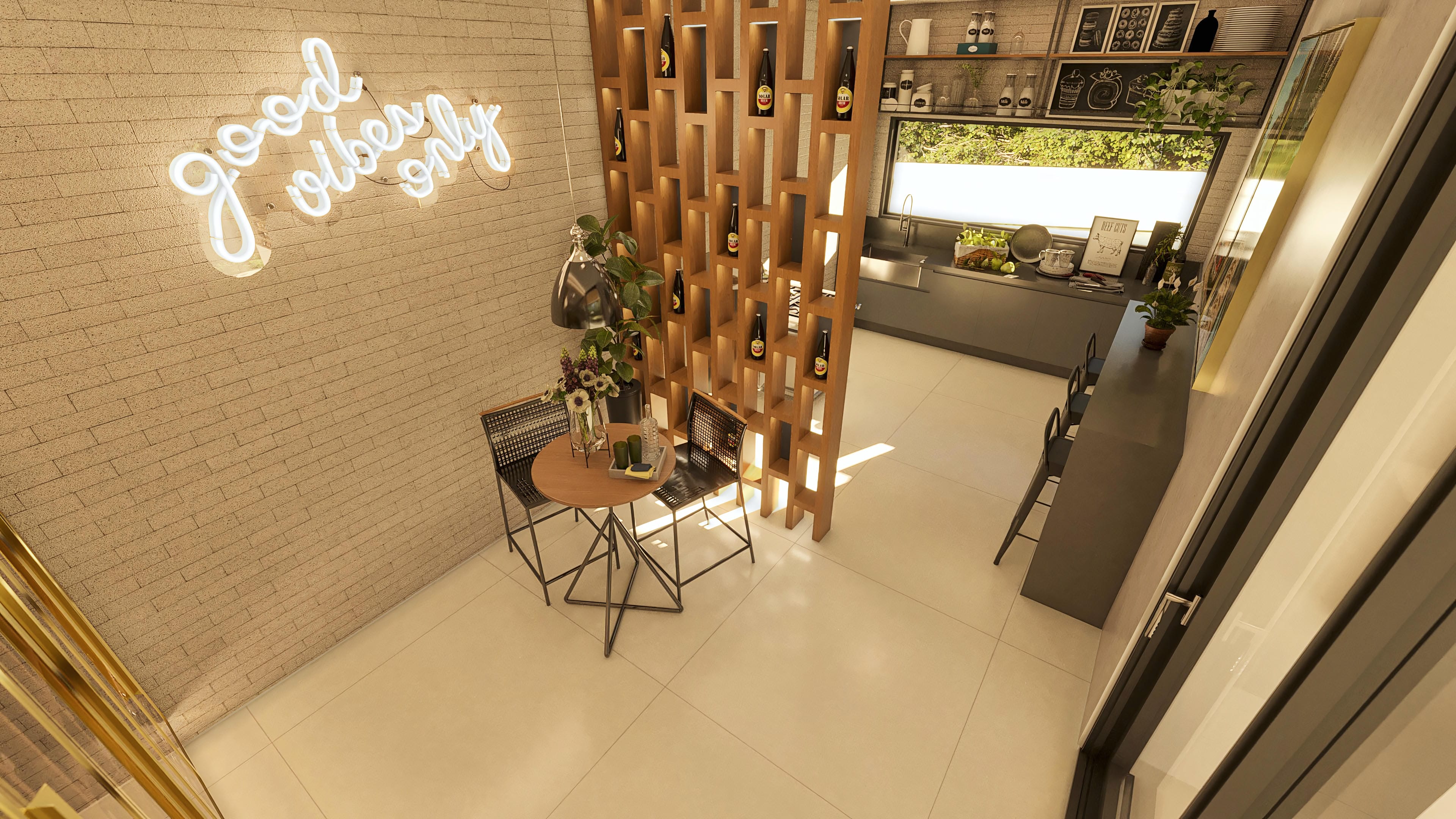 Área gourmet integrada a la cocina con elementos modernos y decorativos, incluyendo un divisor de madera entablillada y una isla funcional.