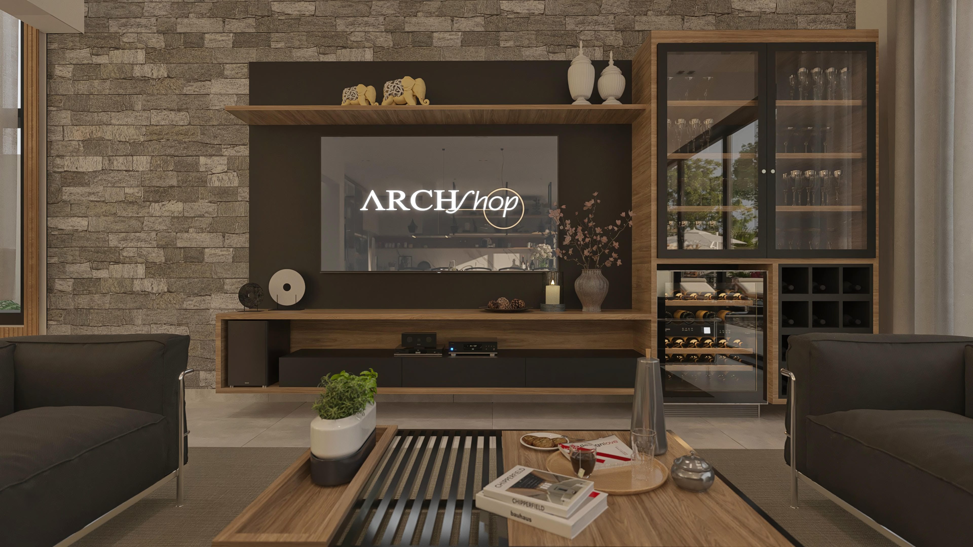 Interior of a modern two-story house with luxury furniture, climate-controlled wine cellar, natural stone wall, and sophisticated decoration.