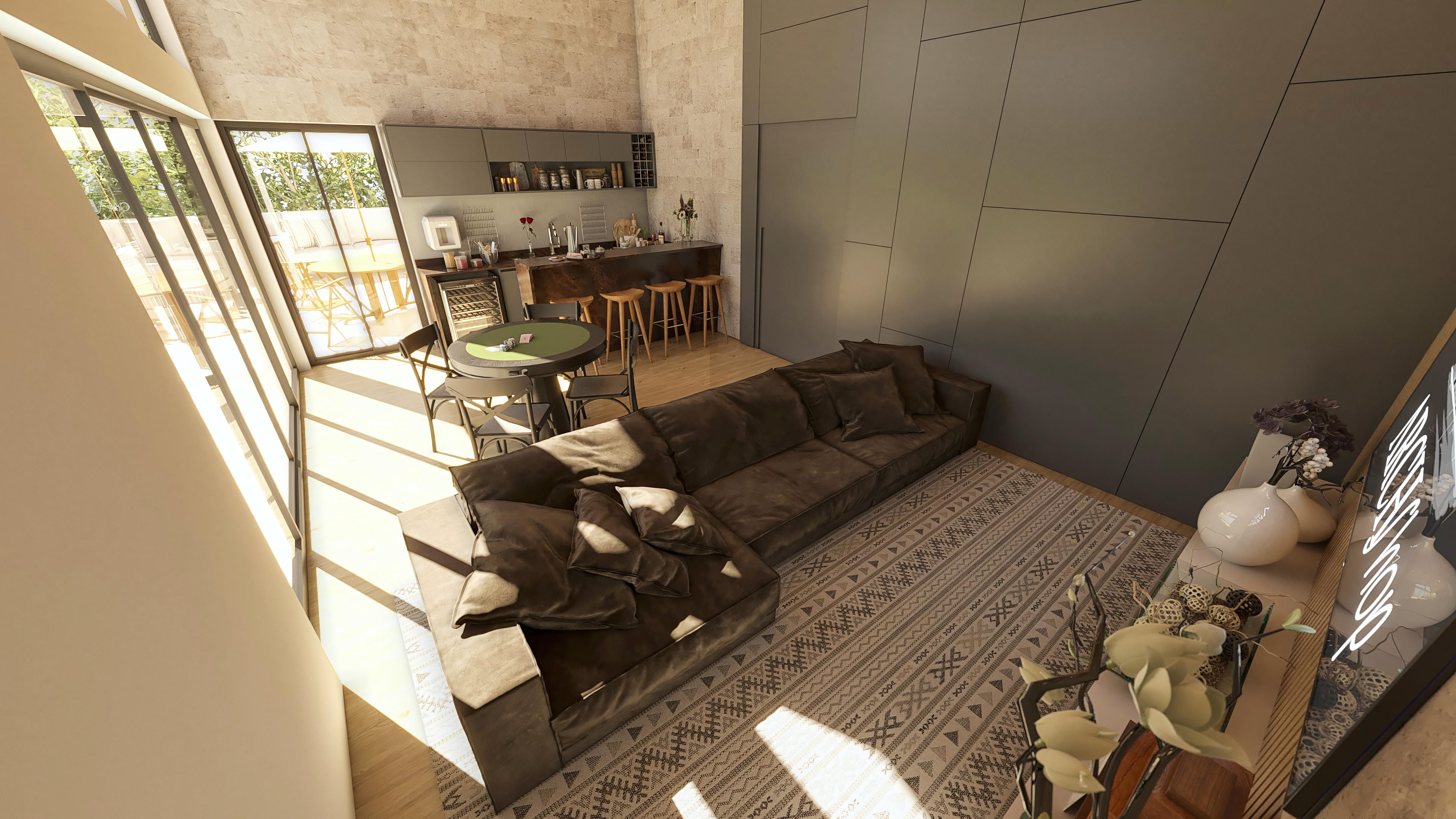 Interior of a modern house with a spacious living room, integrated gourmet kitchen, game table, and access to the outdoor area with a pool.