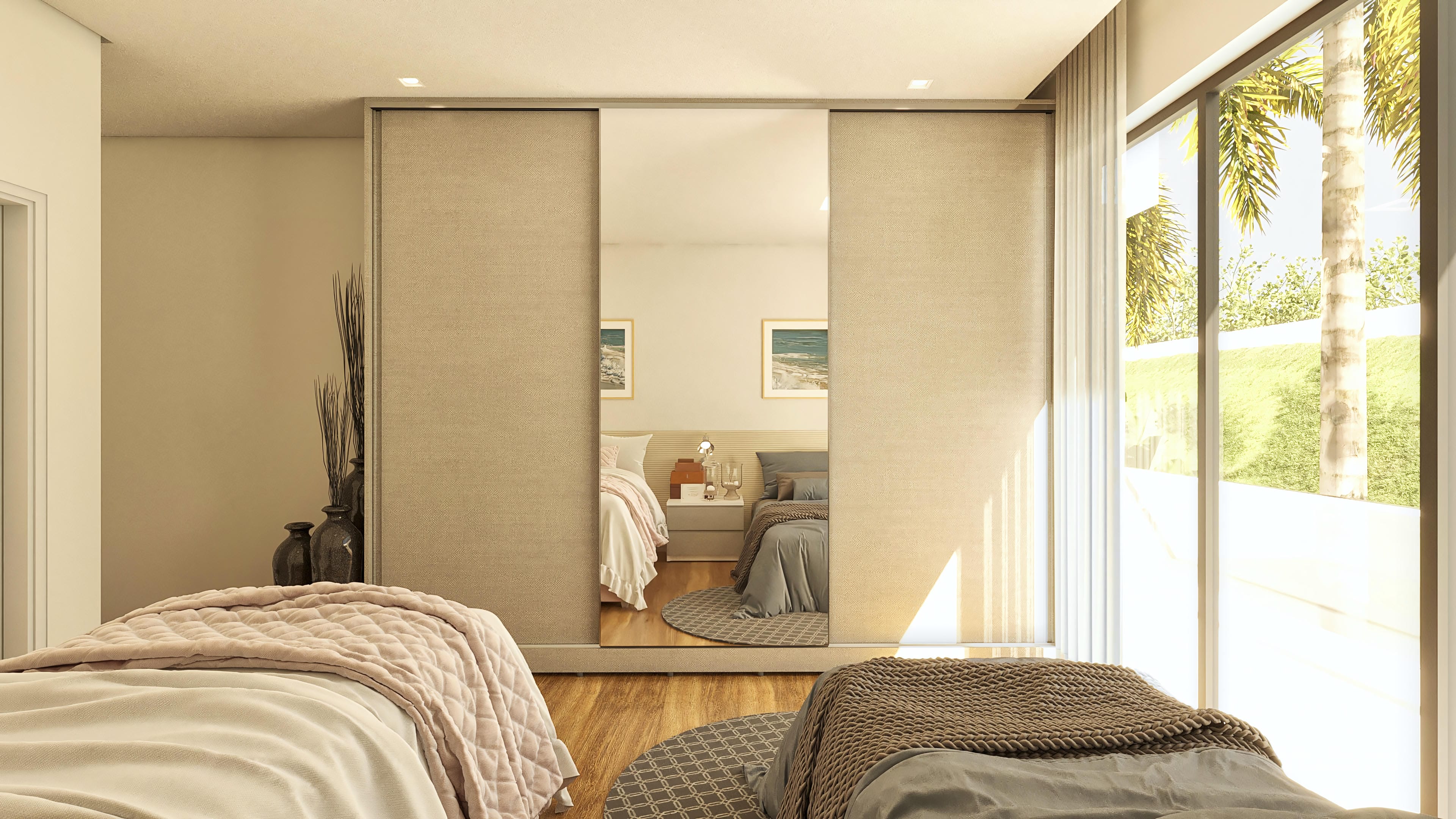 Bedroom with two comfortable beds, large mirror, built-in lighting, and large windows revealing a lush garden with palm trees.