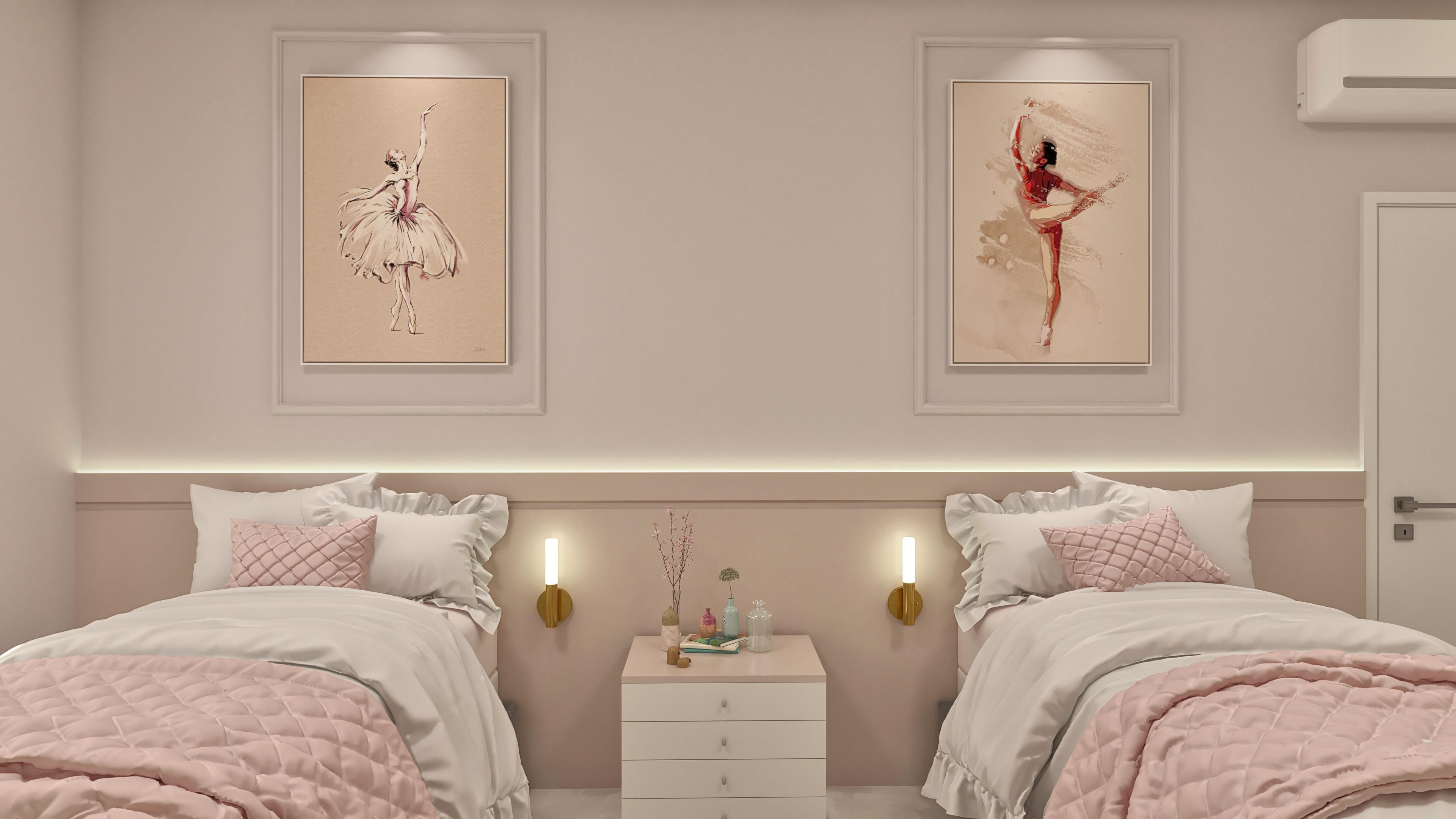 Details of a luxury bedroom with two twin beds, ballerina paintings, and cozy lighting.