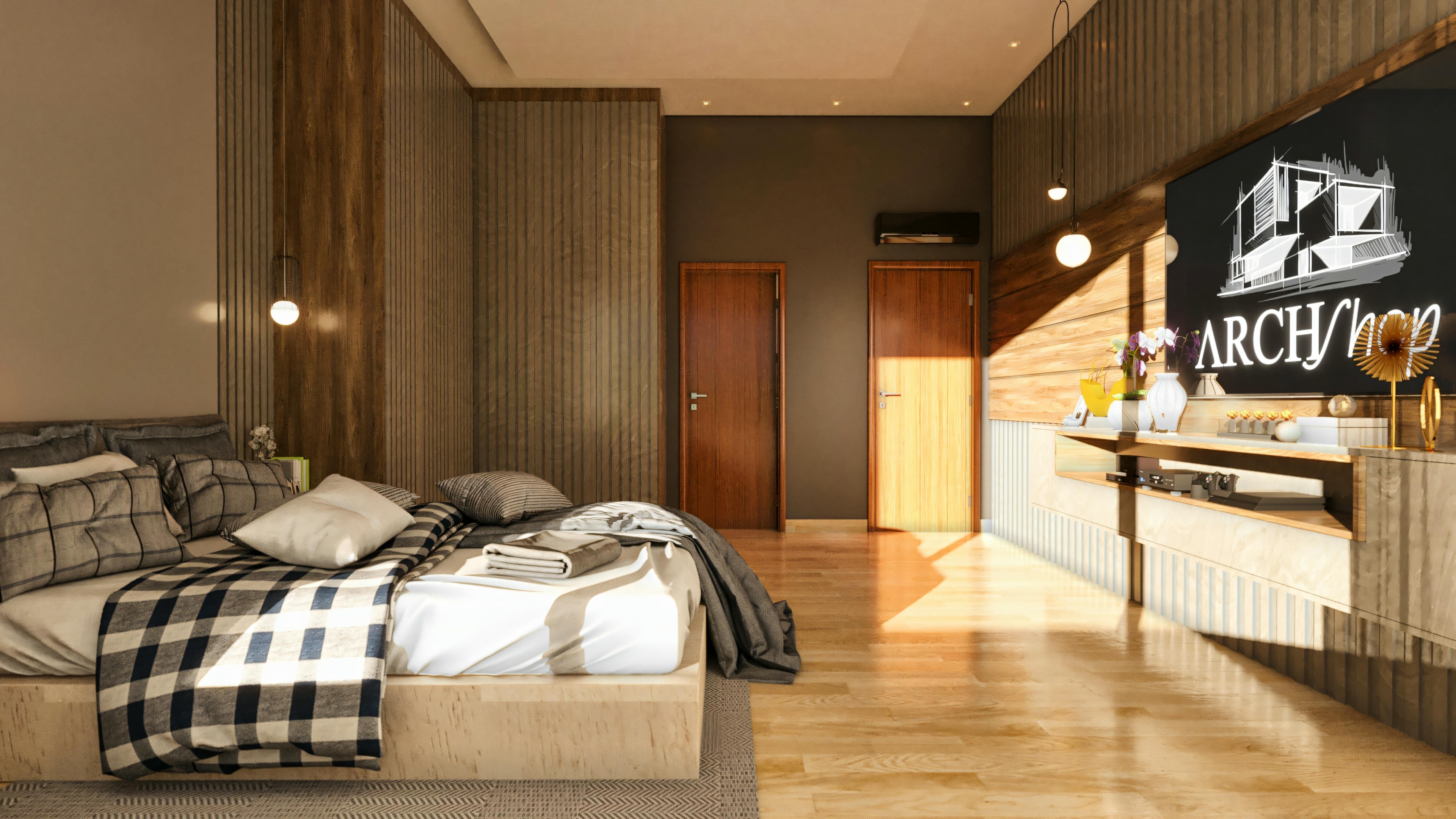 Spacious suite bedroom with two single beds, belonging to a 4-suite modern house project. Details include a continuous headboard panel, bedside lighting, a custom wardrobe, a patterned rug, and recessed ceiling lighting. The house has a gourmet area, office, and pool.