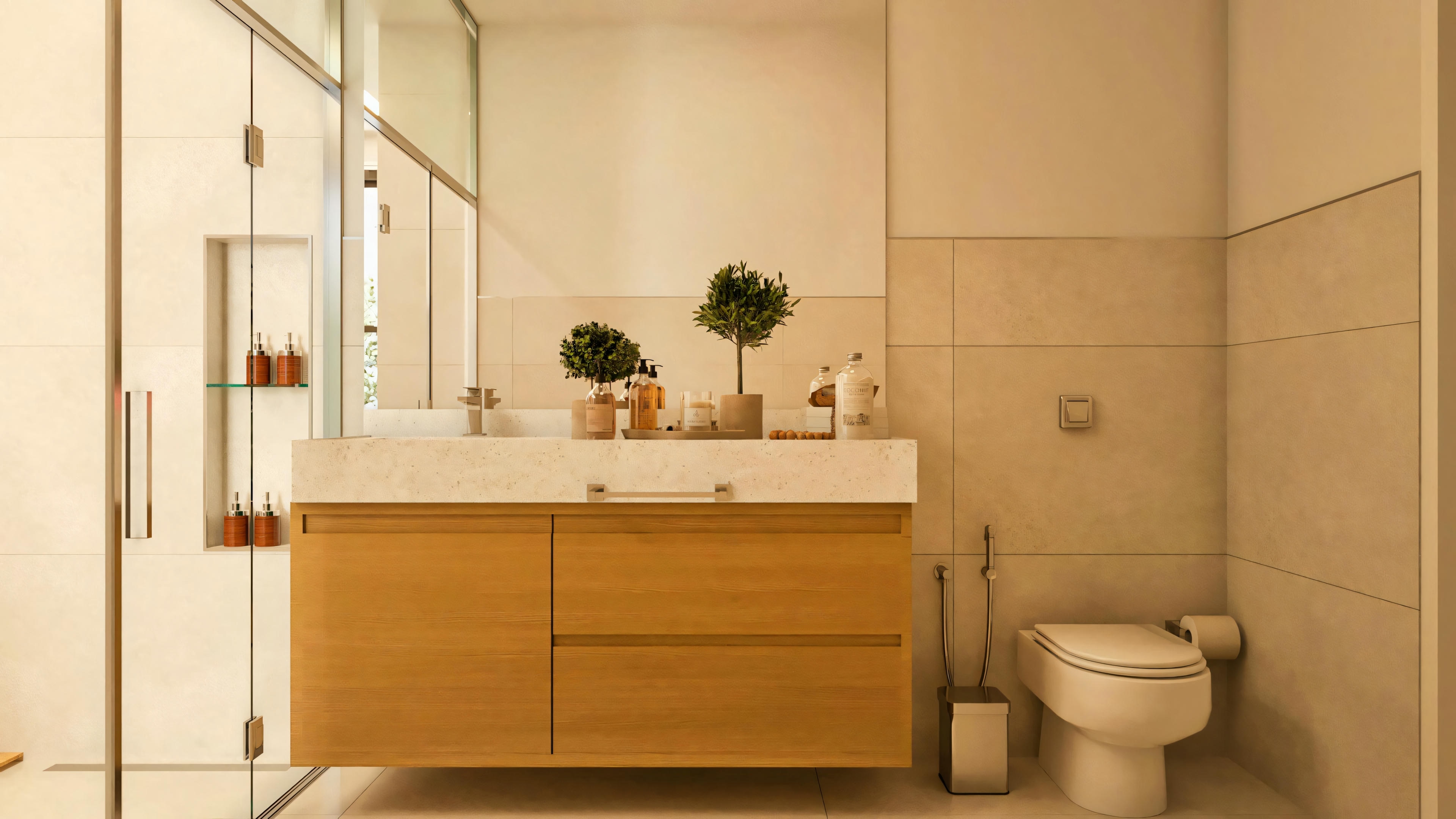 Third master suite bathroom in the 330m² two-story house architectural project, with a suspended wood-patterned cabinet, countertop with built-in sinks (likely double), large mirror, toilet, light-colored wall cladding, and glass shower enclosure with an internal niche visible.
