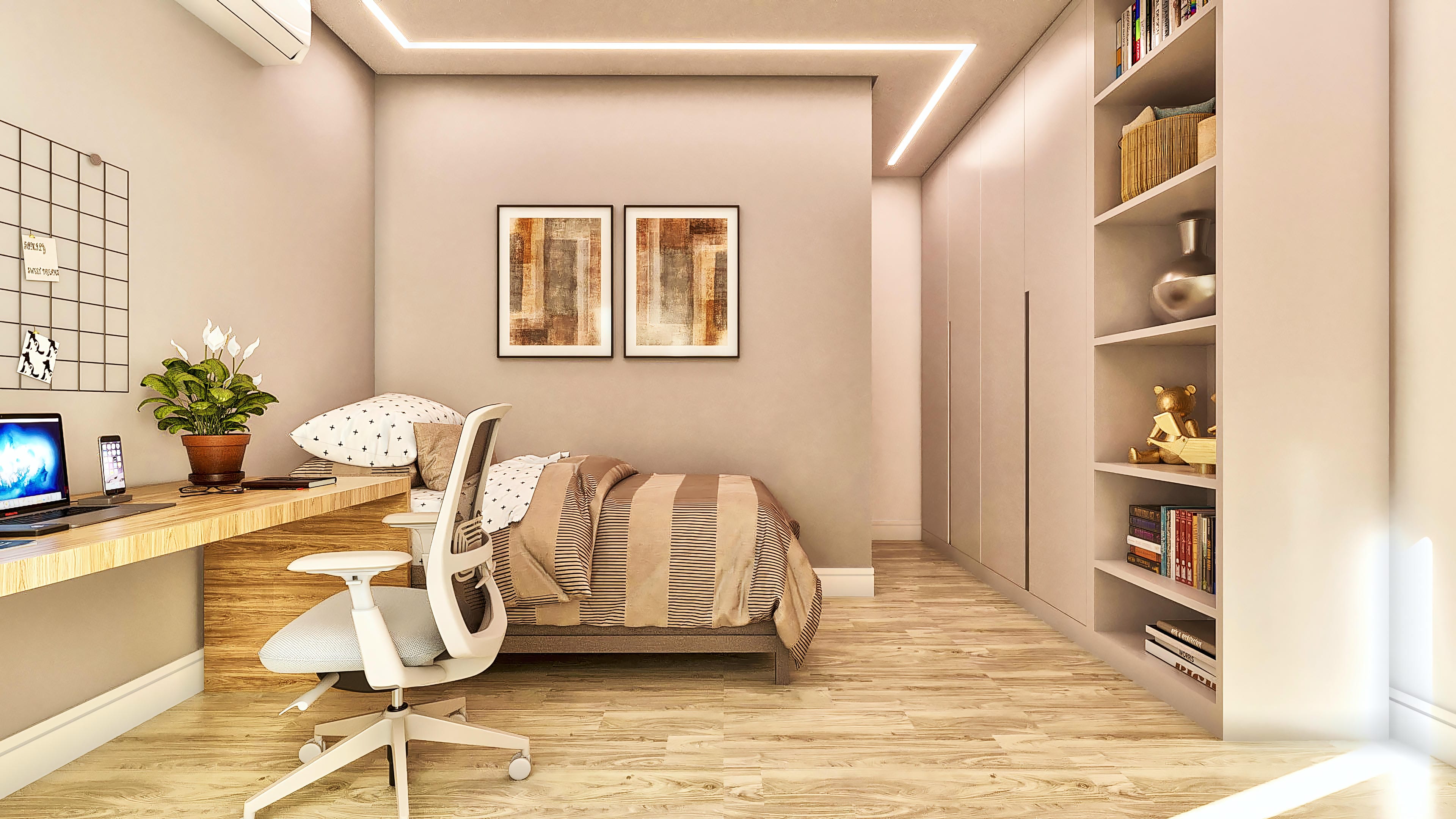 Interior of a modern two-story house bedroom with a comfortable bed, planned workspace, built-in bookcase, and LED lighting, creating a cozy and functional environment.