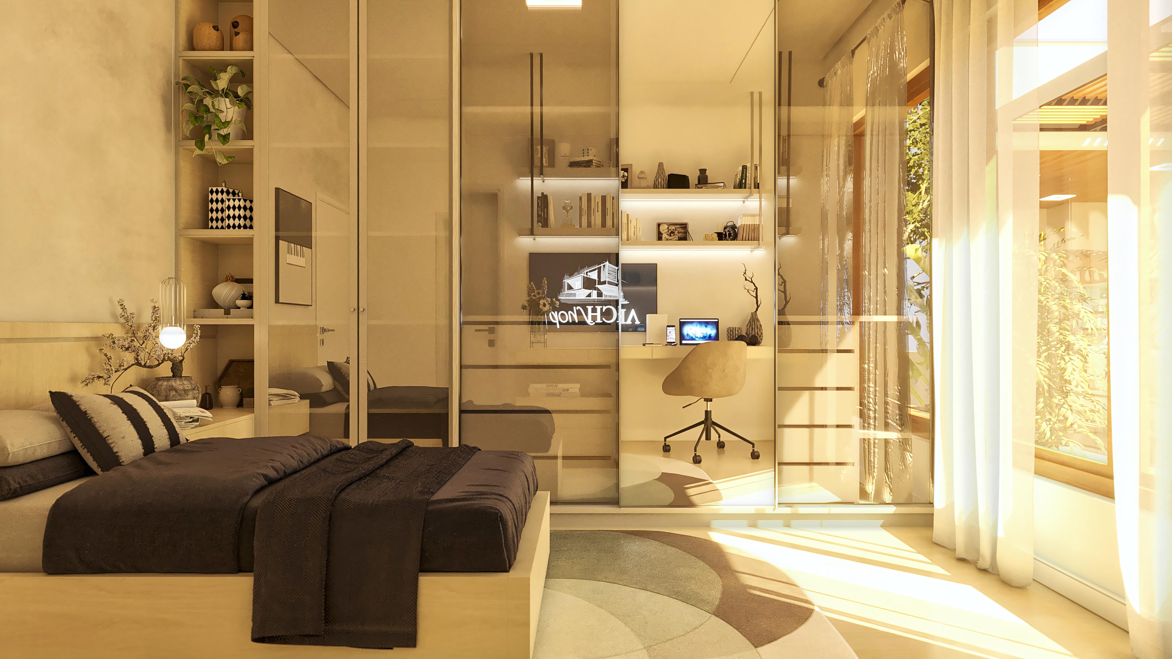 Interior of a modern bedroom with a king-size bed, closet with mirrored doors, integrated office, and natural lighting.