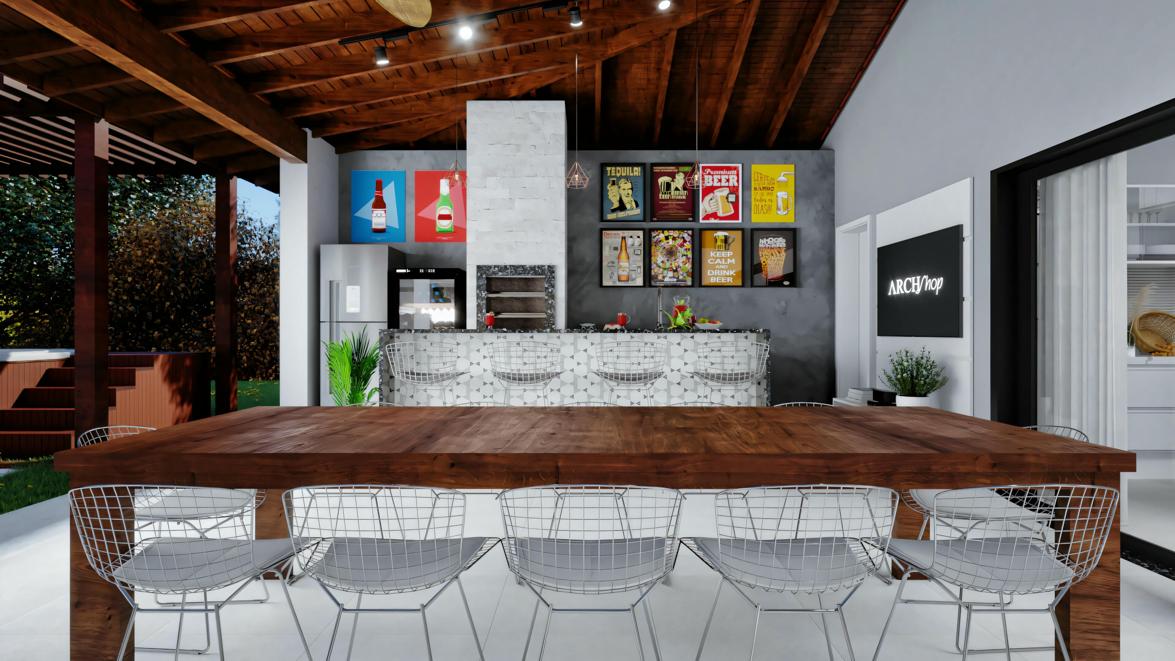 Interior view with a dining table and chairs, wall art, and a view to an outdoor area through large windows.