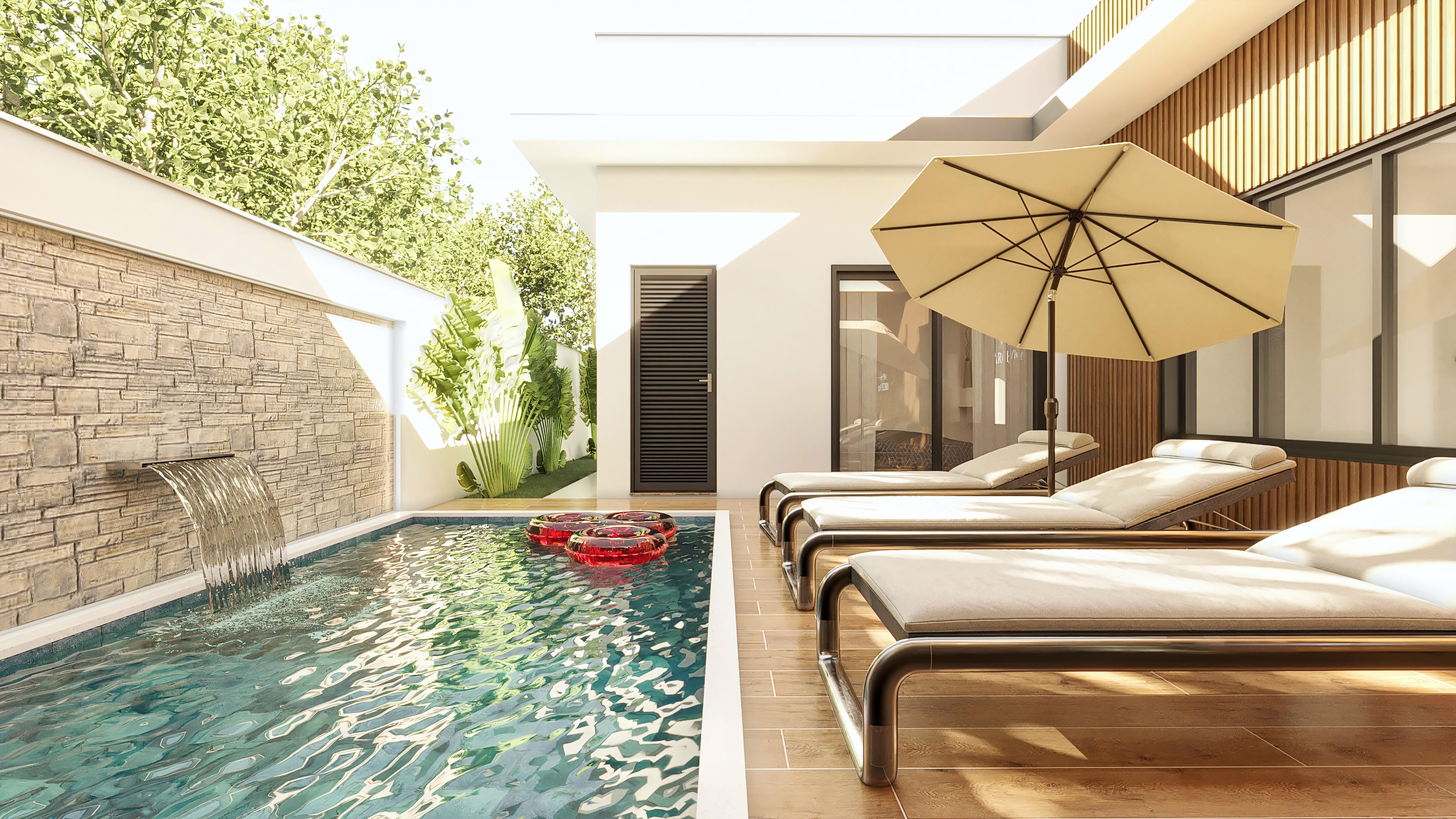 Leisure area with an infinity pool, waterfall on a stone wall, sun loungers, and wooden deck. View of the modern facade with wooden details.