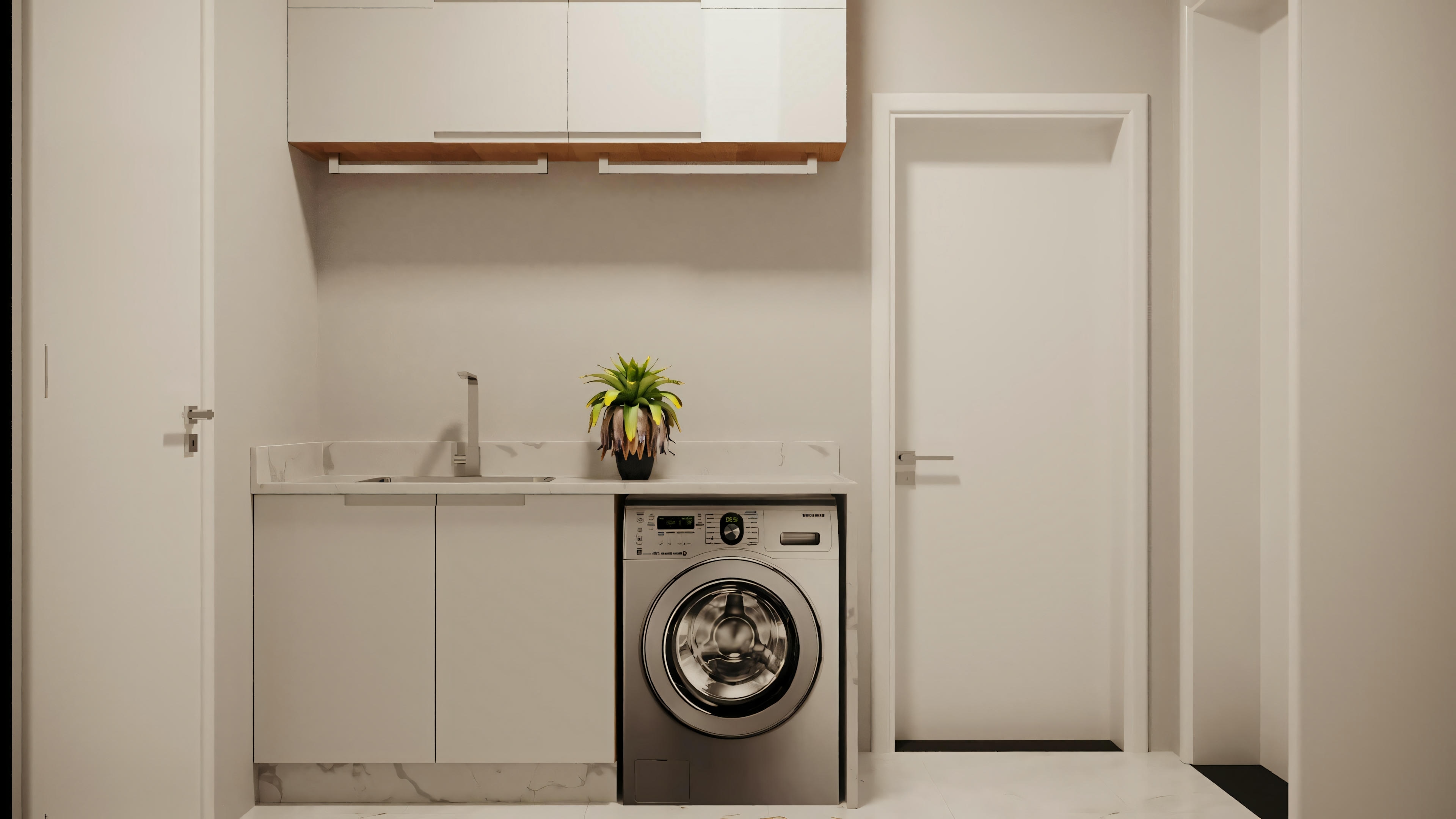 Laundry area with washing machine, cabinets, sink, and plant on the counter.