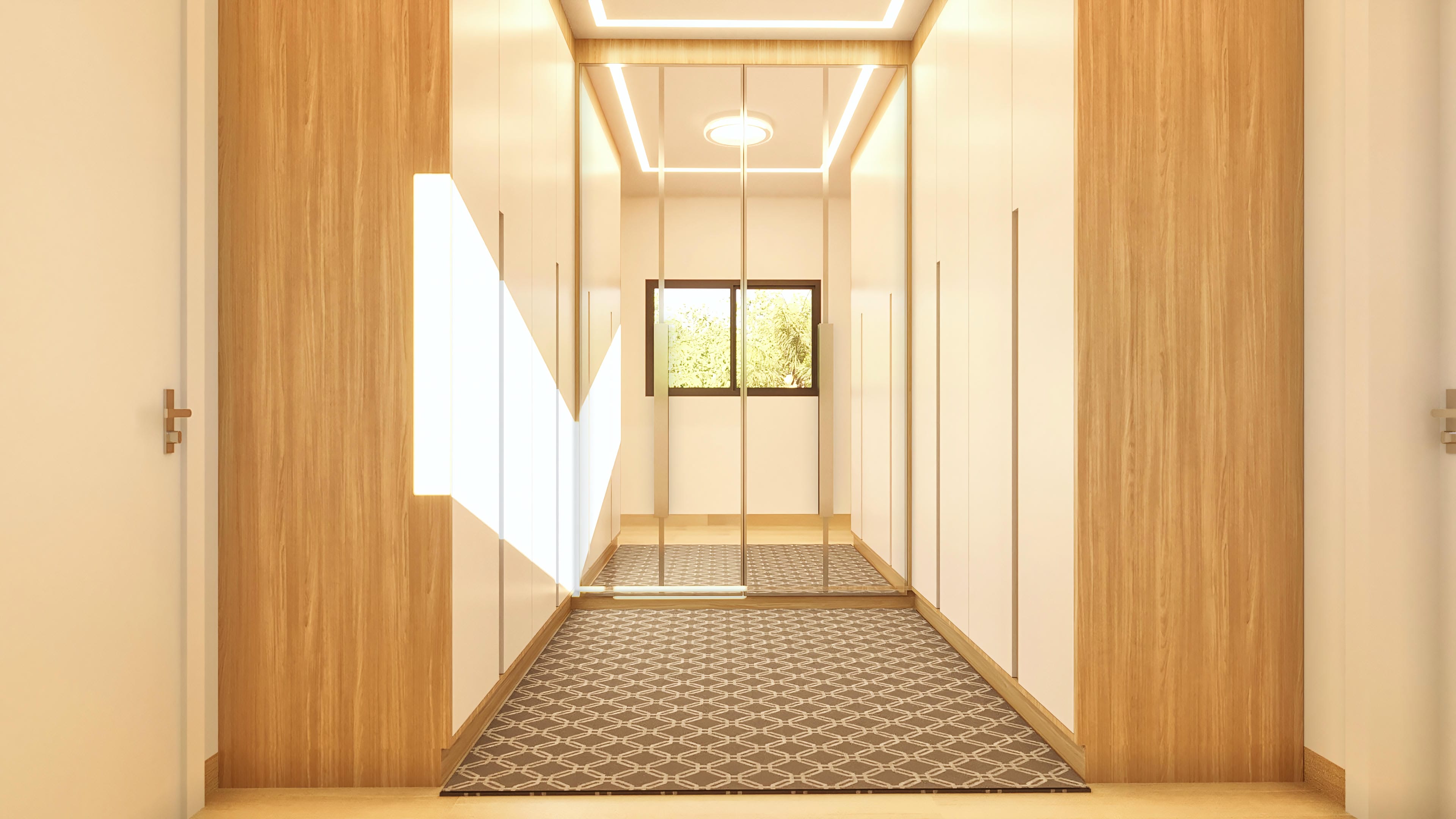 Pasillo con armarios empotrados blancos y detalles en madera clara, iluminación indirecta en LED en el techo y destaque decorativo en 'V' en la pared. Una alfombra con patrón geométrico y espejos completan el ambiente.