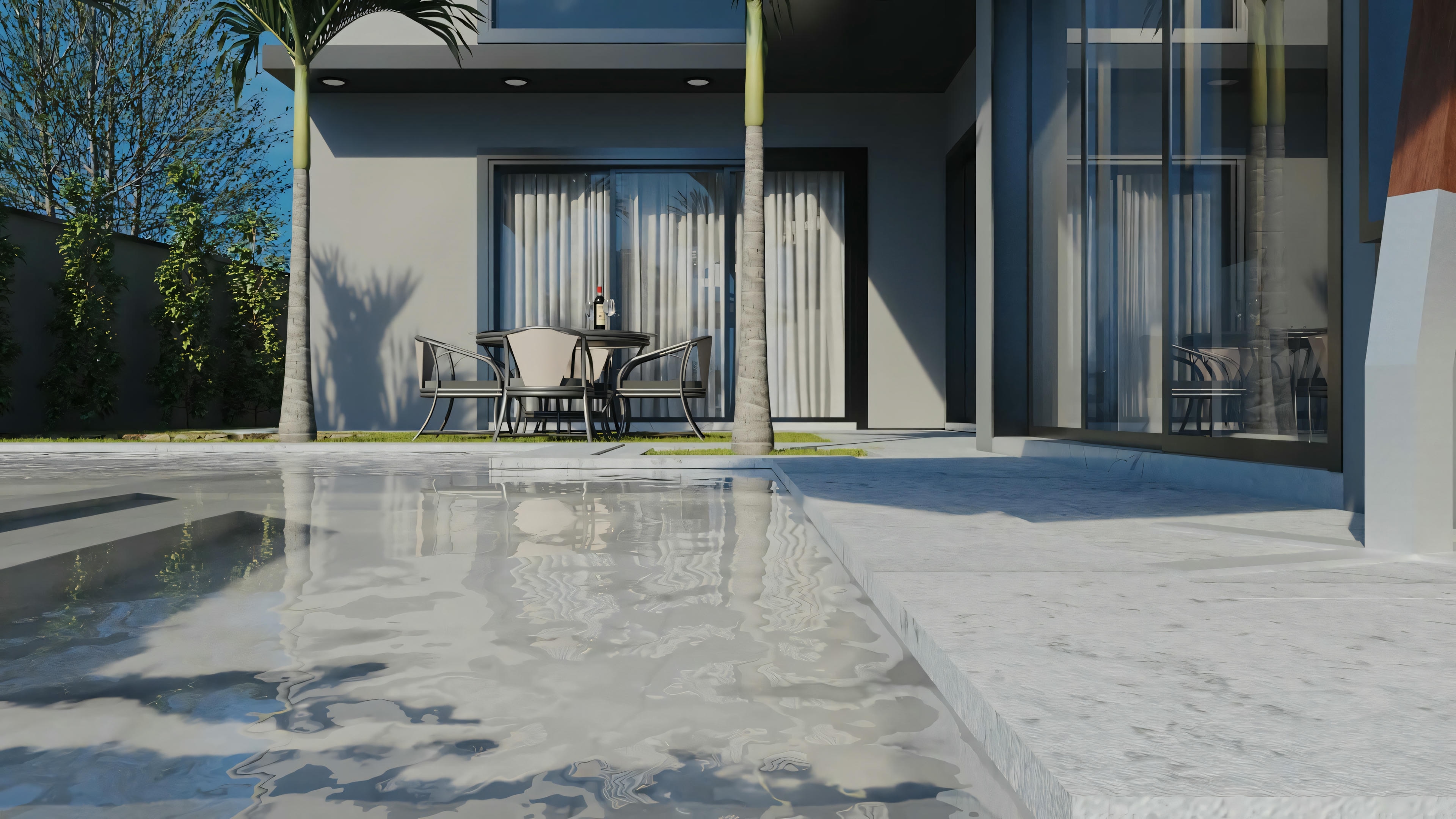Un patio exterior moderno sin muebles, enfocándose más en el espacio abierto del área pavimentada.