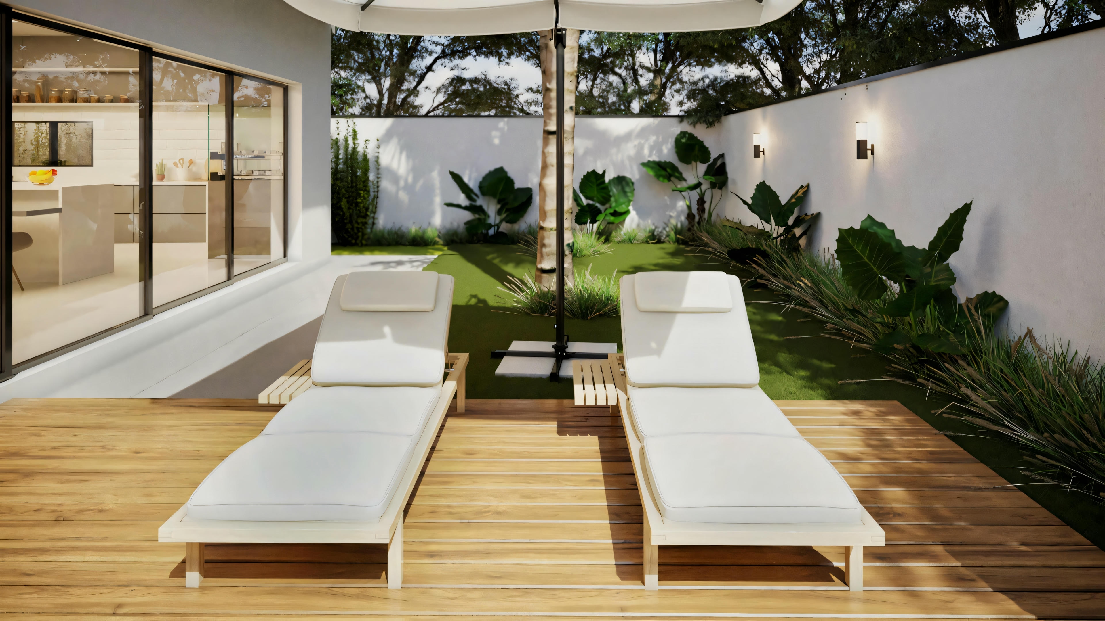 Outdoor patio area with two lounge chairs on a wooden deck, overlooking a garden.