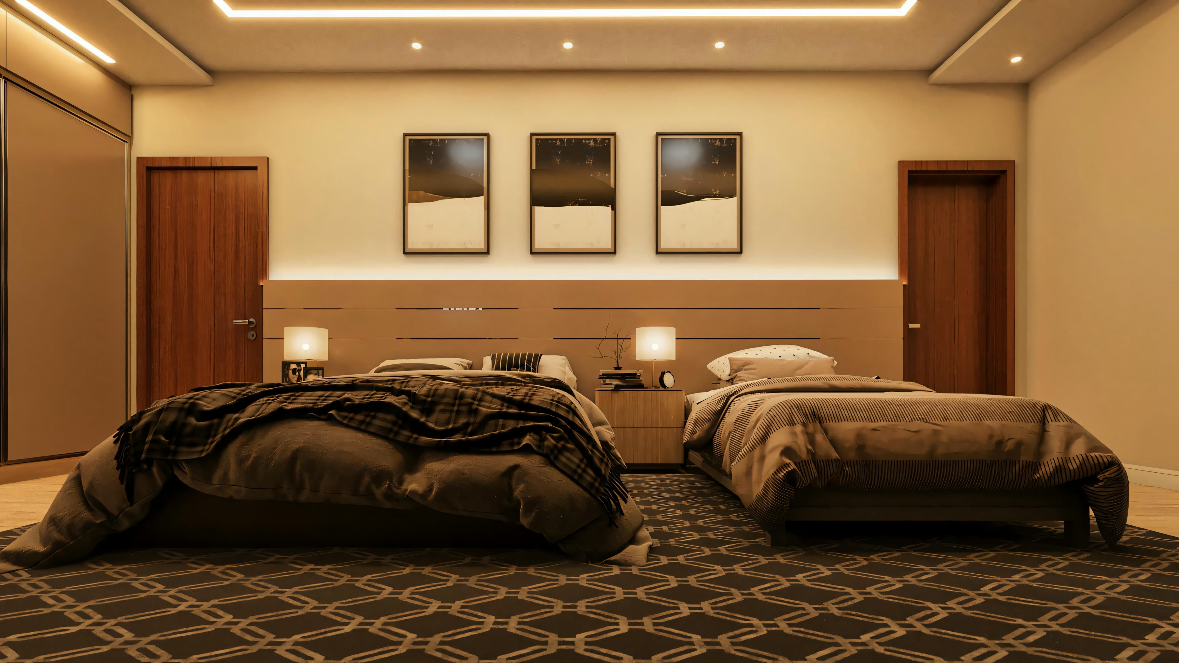Amplio dormitorio suite con dos camas individuales, perteneciente a proyecto de casa moderna con 4 suites. Detalles incluyen cabecera panel continuo en madera, armario planeado, alfombra estampada y proyecto luminotécnico con sanca iluminada. Casa posee área gourmet, oficina y piscina.
