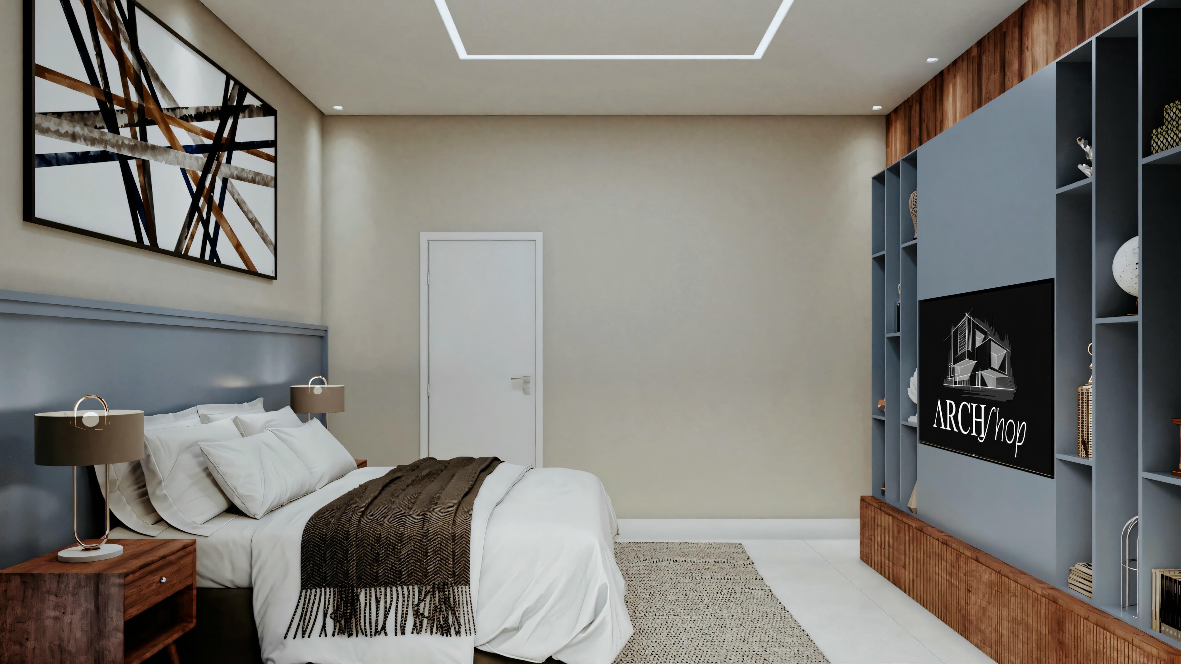 Amplio dormitorio suite con dos camas de soltero, perteneciente a proyecto de casa moderna con 4 suites. Detalles incluyen cabecero panel continuo de madera, iluminación de cabecero, armario planificado, alfombra estampada y proyecto luminotécnico con moldura iluminada. Casa posee área gourmet, oficina y piscina.