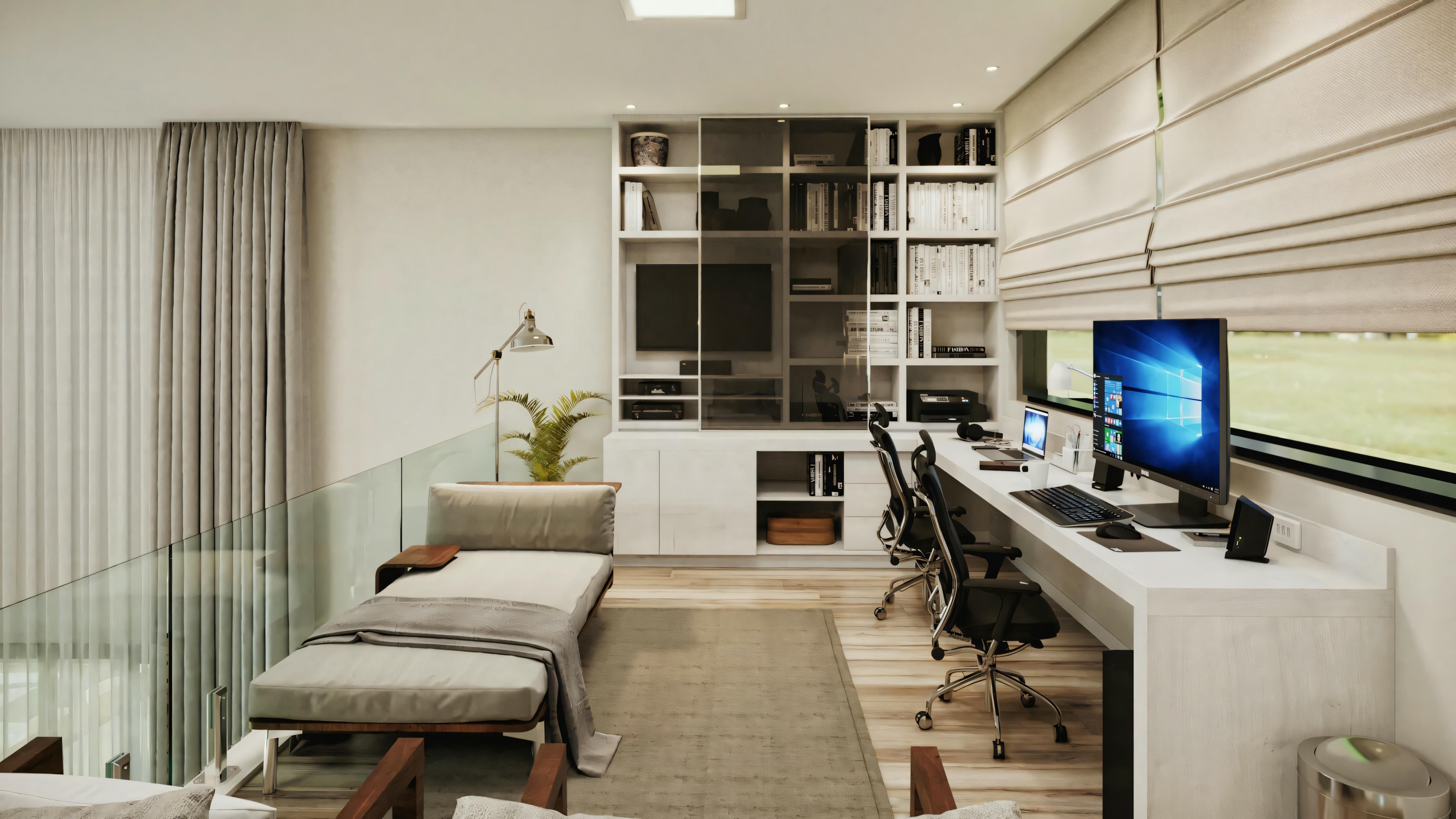 Uma sala de estar moderna com sofá, mesa de centro e uma área de trabalho com computador.
