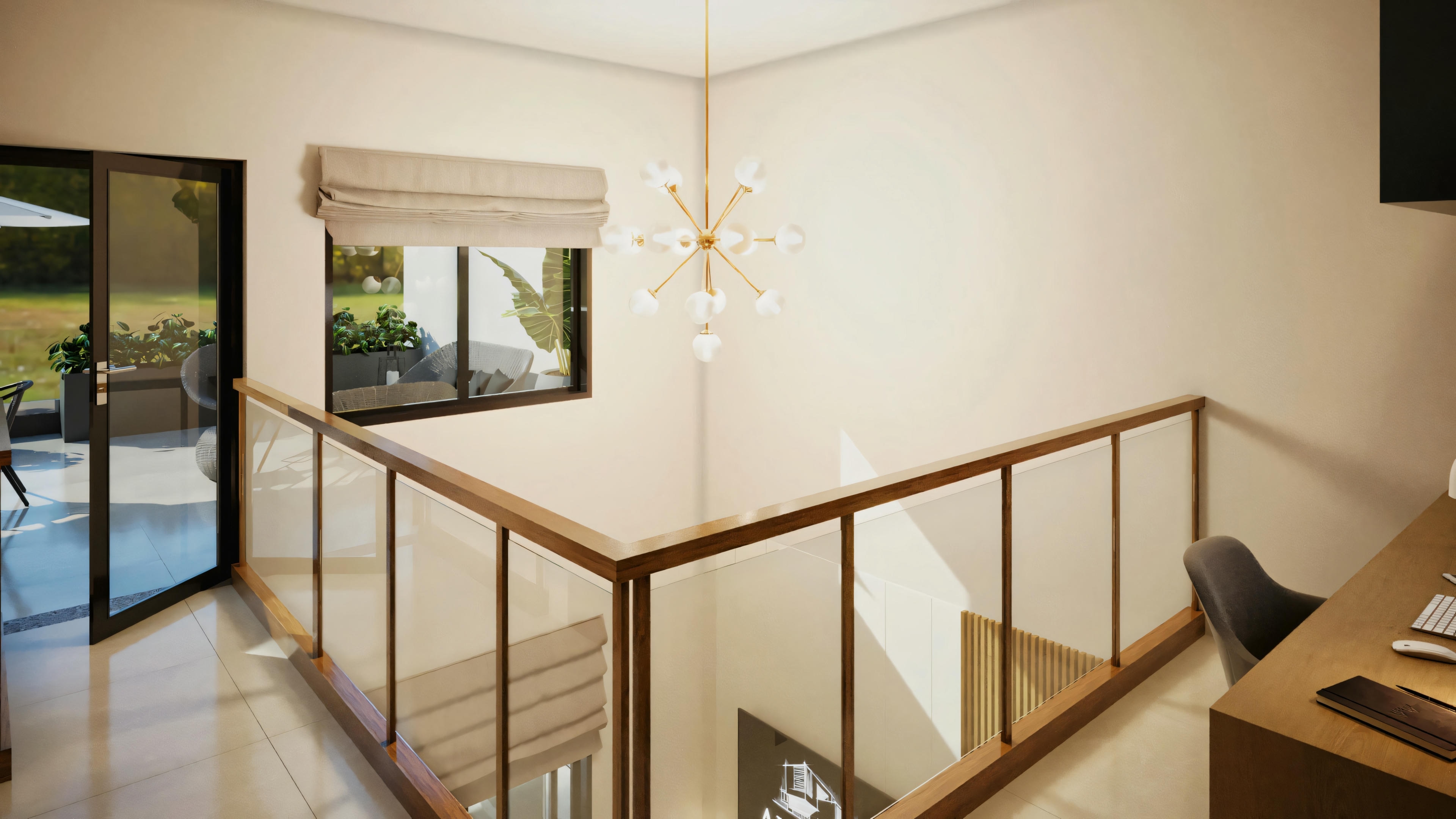 A space with a staircase, railings, and a second-floor landing.