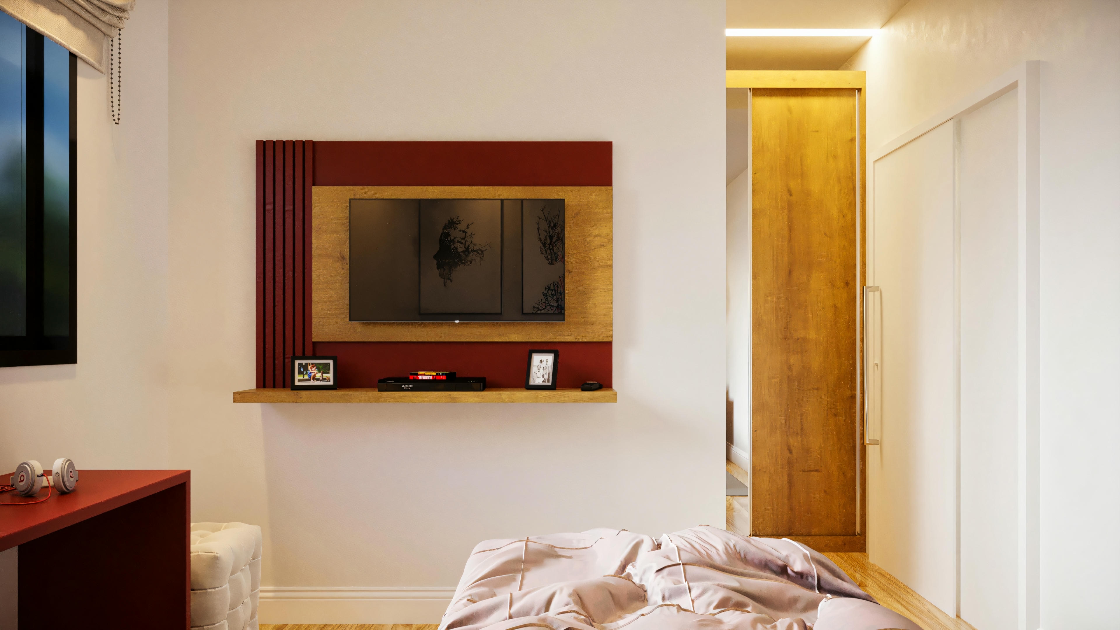 Suite bedroom with wooden and red lacquer TV panel, built-in wardrobe with wooden door and partial view of bed and desk.