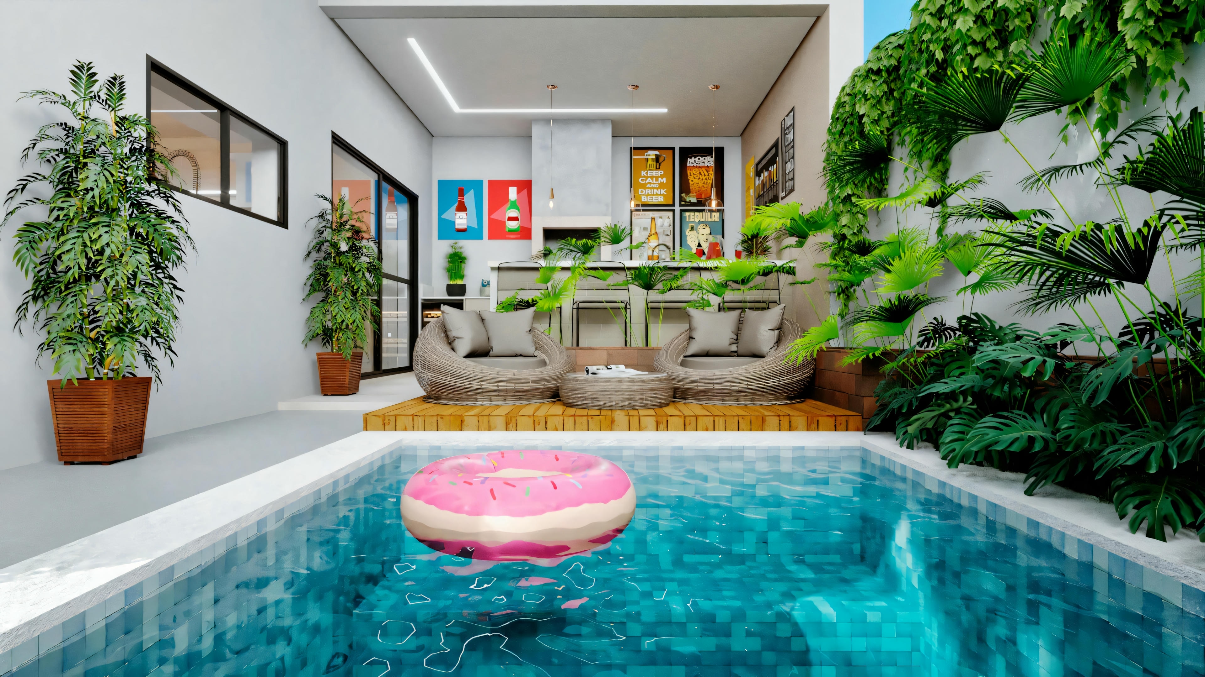 Uma área de piscina coberta com plantas abundantes, arranjos de assentos ao redor da piscina e um grande anel inflável rosa flutuando na água.