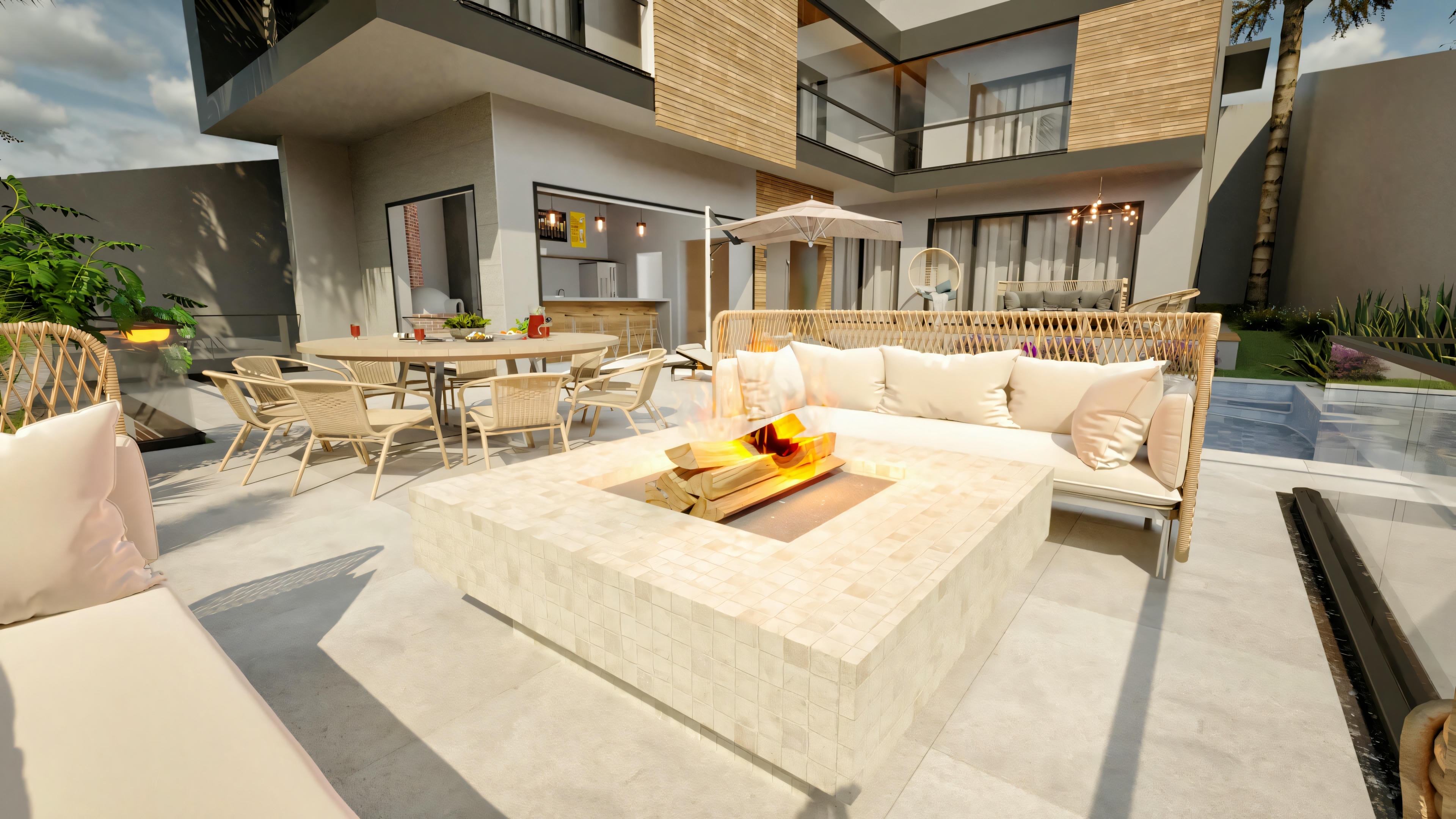Integración del área de ocio exterior con hoguera y piscina al área gourmet de la casa de planta baja moderna con 4 suites y 316.98m², vista de la fachada posterior.