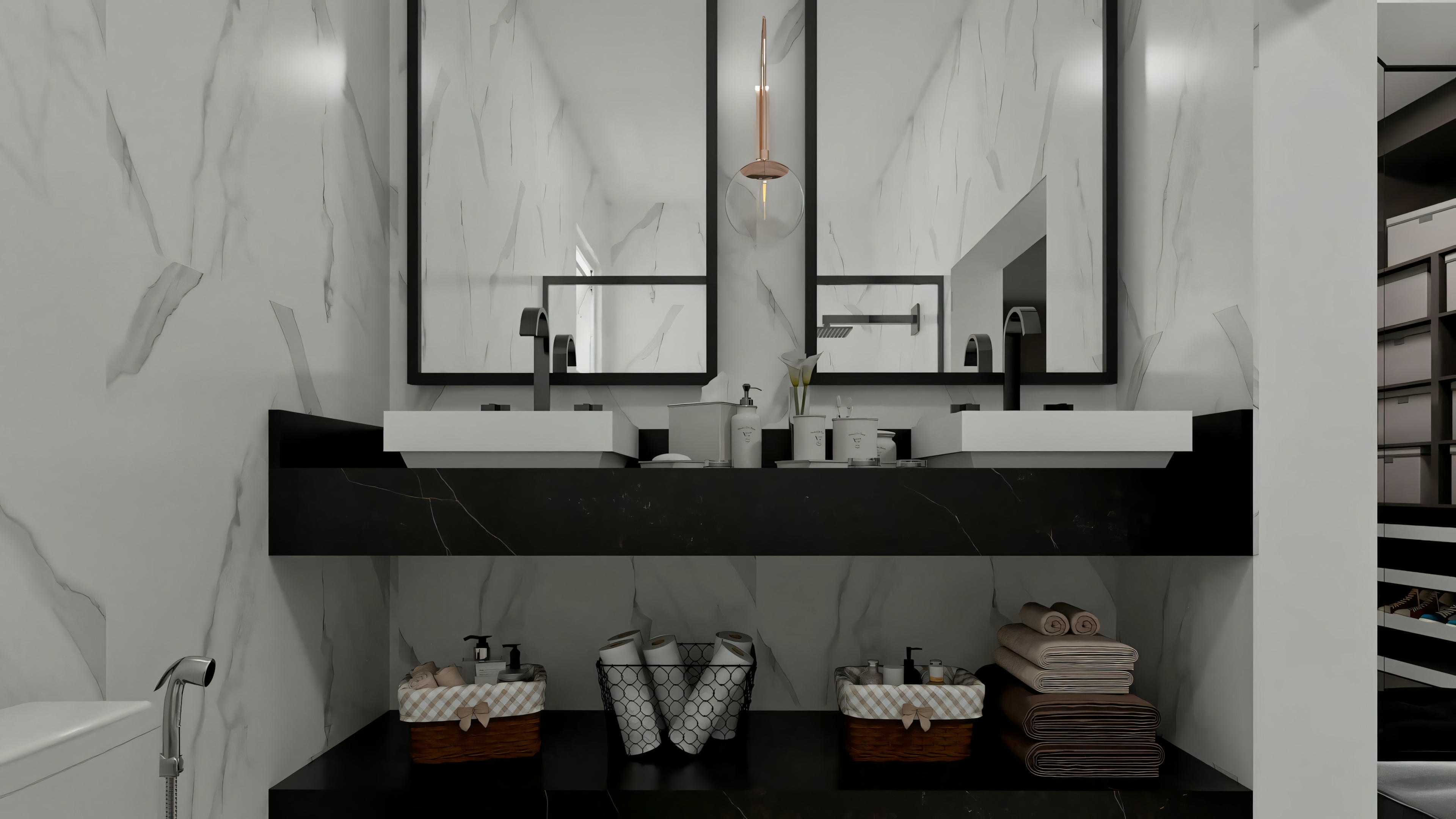 Aseo de la suite principal con encimera doble negra y lavabos blancos sobrepuestos en este proyecto residencial Archshop. Uno de los 5 aseos de esta planta de casa con 3 dormitorios (suites), destacando espejos rectangulares y revestimiento marmoleado.