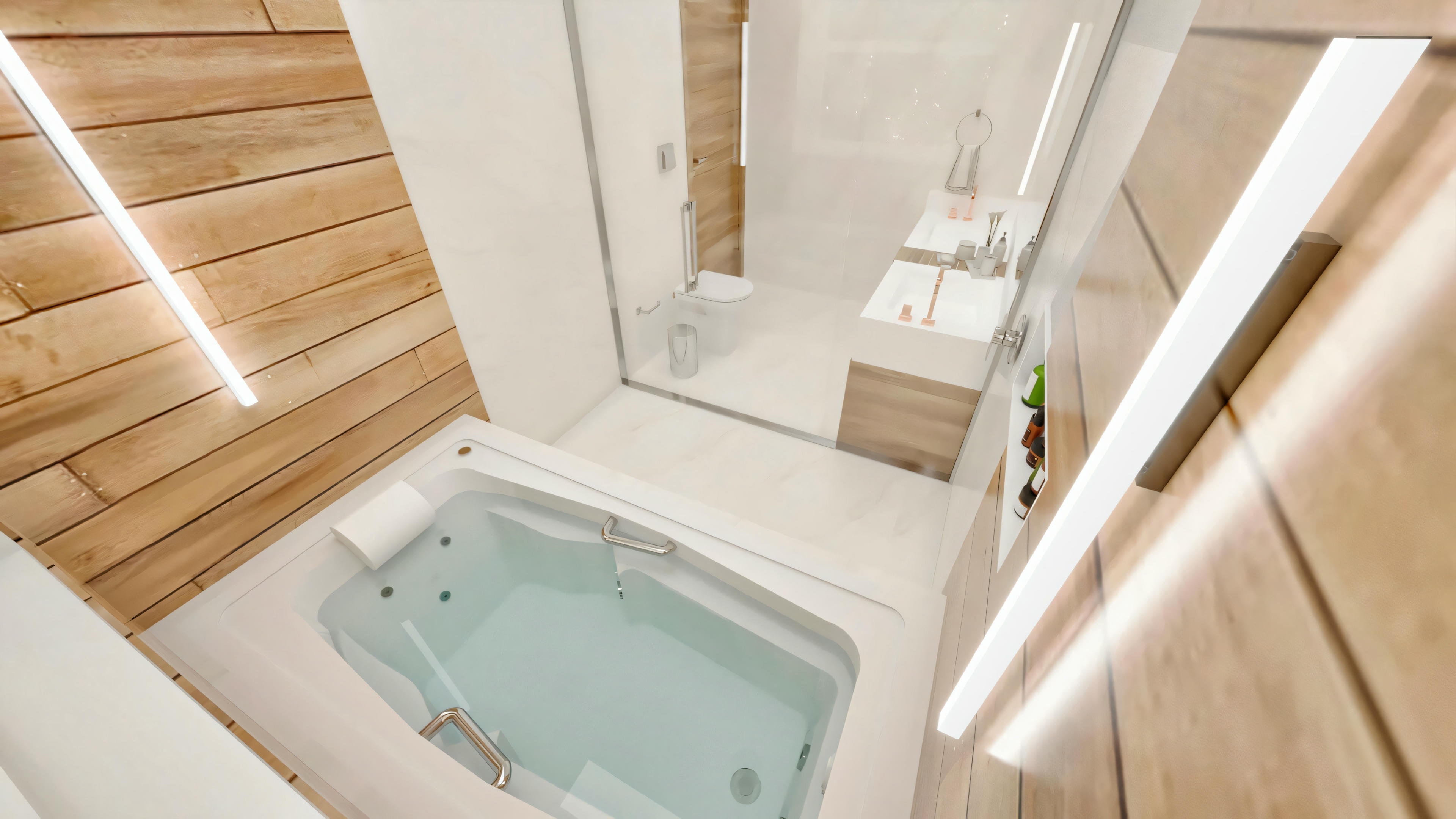 Vista superior do banheiro da suíte destacando banheira de hidromassagem com detalhes cromados, painéis de madeira com iluminação LED linear embutida, e ao fundo box de vidro com vaso sanitário suspenso e bancada.