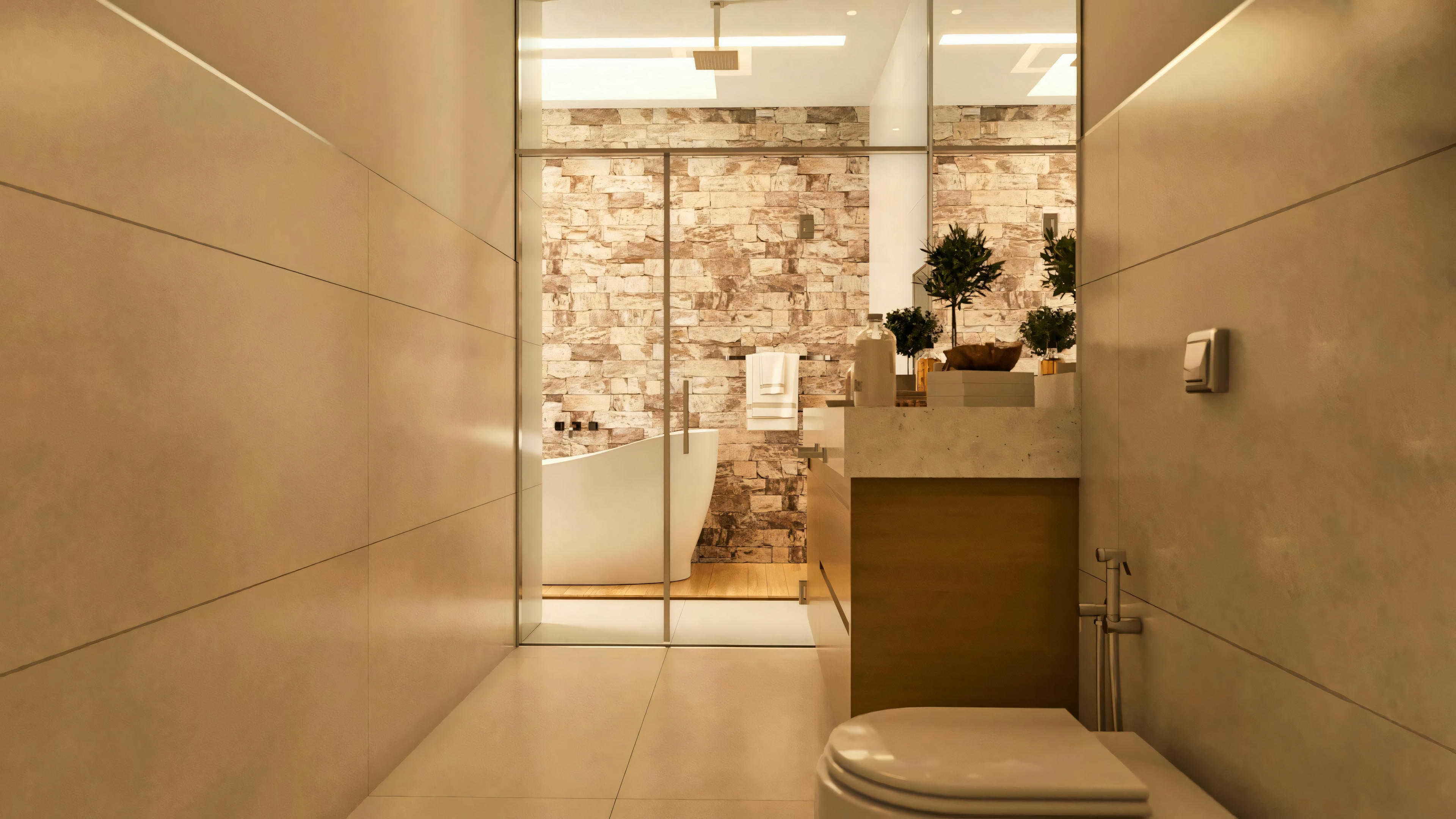 Baño de la tercera suite en el proyecto arquitectónico de la casa de dos pisos de 330m², con vista a través de mampara de vidrio para el área húmeda separada, que contiene una bañera exenta (suelta), pared con revestimiento de piedra/ladrillo rústico y piso con apariencia de madera. Inodoro y parte de la encimera visibles en primer plano.